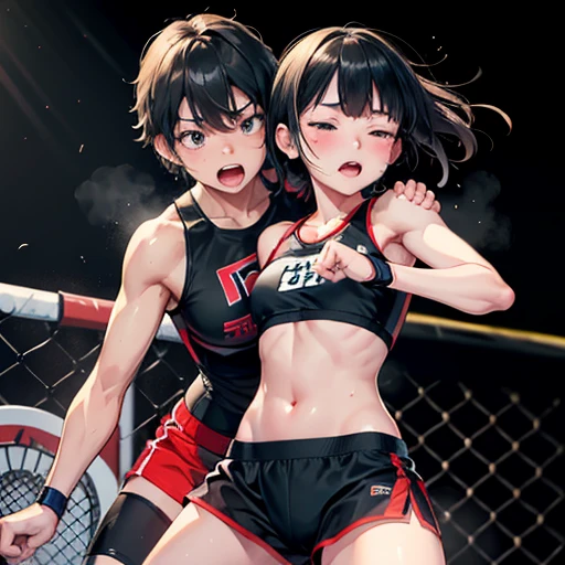 Cute Japanese high school girl with short-cut black hair being punched by her opponent in front of her during a match in a women's mixed martial arts ring, wide mouth open, out of breath, in pain, twisting, eyes tightly closed, screaming, very sweaty, out of stamina, slender body, poor body, small breasted sports bra, high leg shorts, open finger gloves