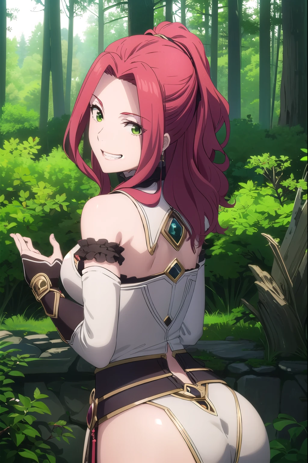 8K Photograph, malty melromarc, 1 girl, thicc ass, long red hair, (green eyes:1.3), smile, grin, bare shoulders, outdoors, forest, nature, sky, looking at camera, masterpiece, extremely detailed face, perfect lighting, extremely detailed CG, (perfect hands, perfect anatomy),