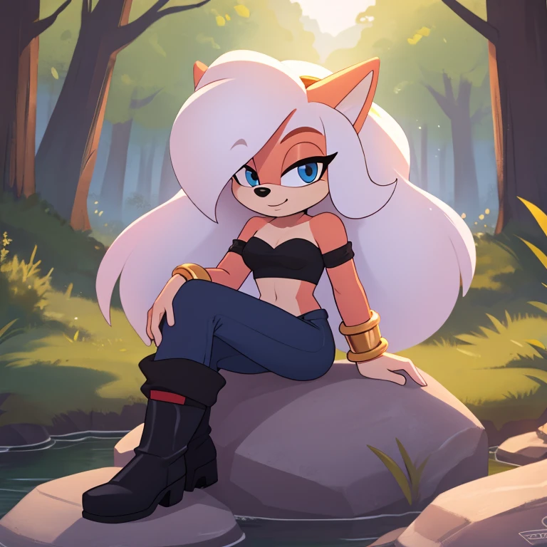 ((1girl)), ((solo)), female, mobian, Hedgehog, pink fur, furry, sitting crossed leg, sitting on a large rock, (Her attire is a black cropped low cut tube top, black arm sleeves with gold bracelets at the ends, black heeled boots, and white baggy pants)), (Majin Android 21 Cosplay), ((long white hair)), ((long hair)), ((Android 21 styled hair)), light blue eyes, hair bangs, looking at viewer, (background forest, river, best lighting), (best quality)