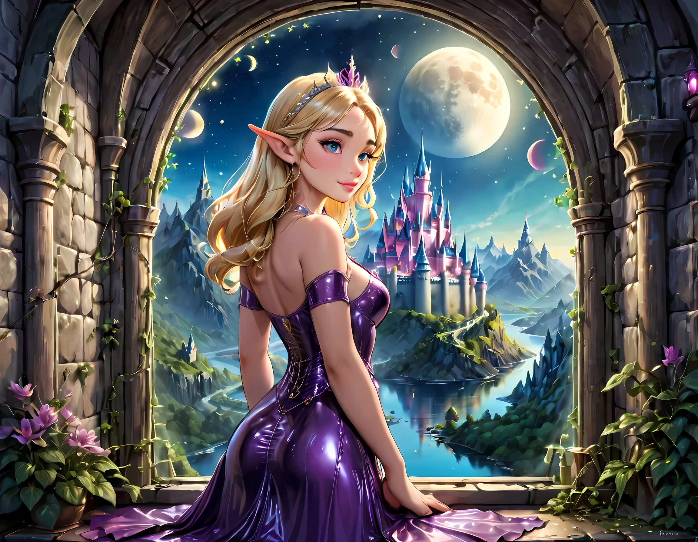 fantasy art, RPG art, a portrait picture of a (beautiful human princess: 1.2) looking through her window at a magical castle, a beautiful elven princess looking through her window to see a magical castle, wearing latex dress, an impressive best detailed castle, with towers, bridges, a moat, standing on top of a mountain, moon, colouredglazecd_xl, BJ_Full_Moon