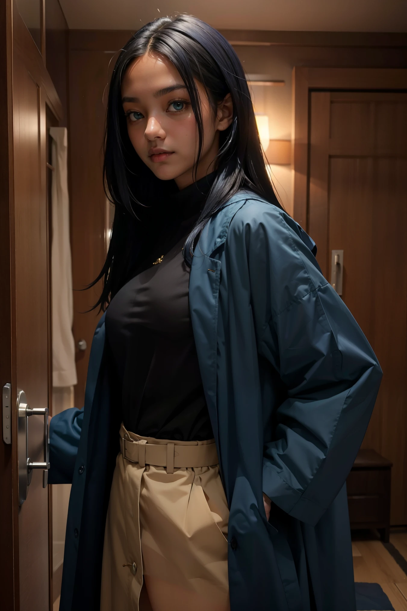 dark-skinned woman, long dark blue hair, doctor's coat, strong, green eyes