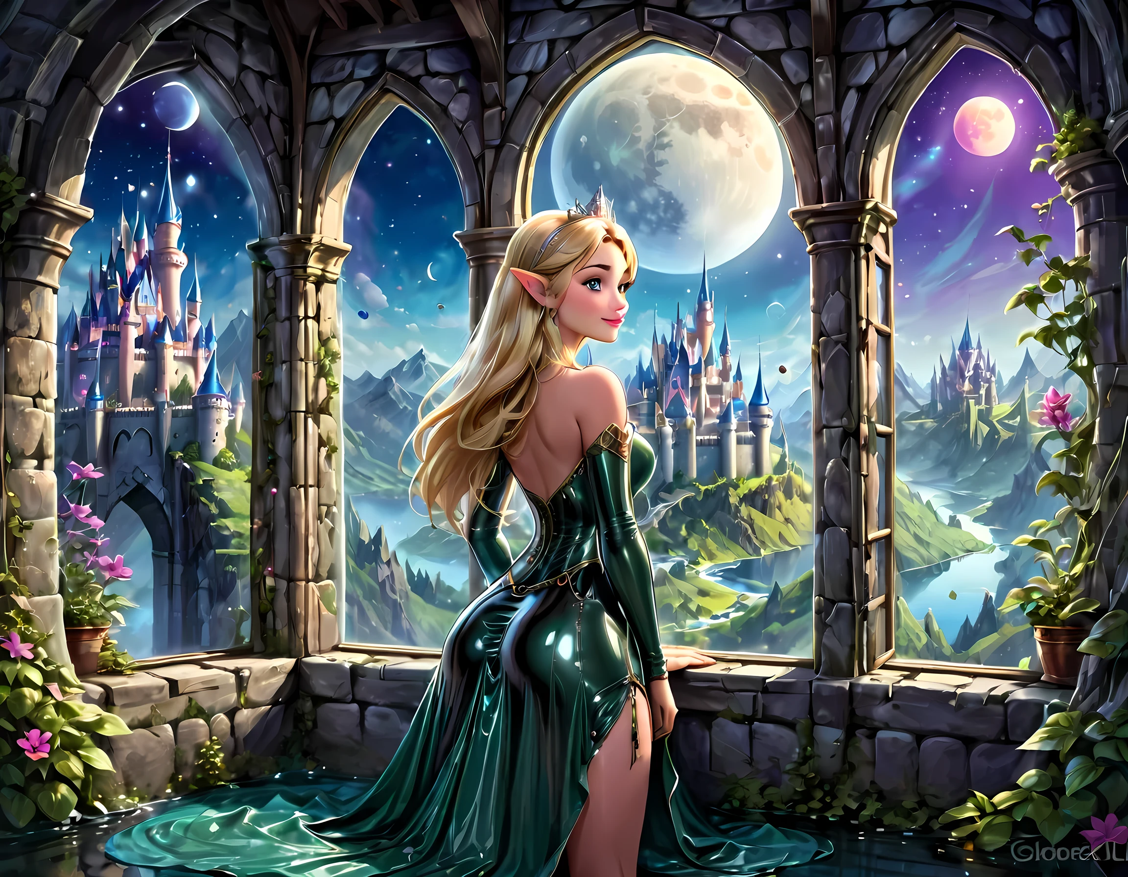 fantasy art, RPG art, a portrait picture of a (beautiful human princess: 1.2) looking through her window at a magical castle, a beautiful elven princess looking through her window to see a magical castle, wearing latex dress, an impressive best detailed castle, with towers, bridges, a moat, standing on top of a mountain, moon, colouredglazecd_xl, BJ_Full_Moon