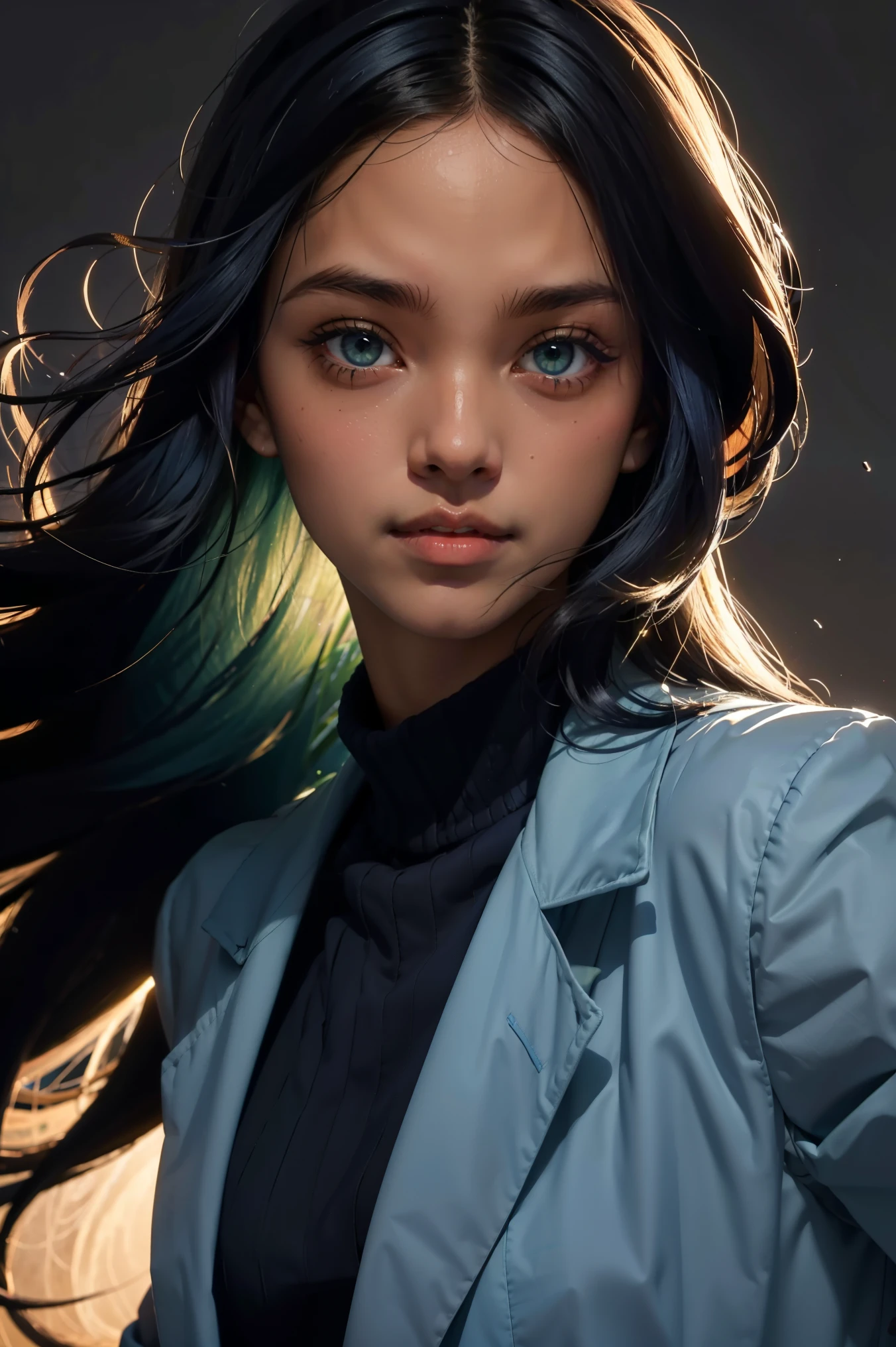 dark-skinned woman, long dark blue hair, doctor's coat, strong, green eyes