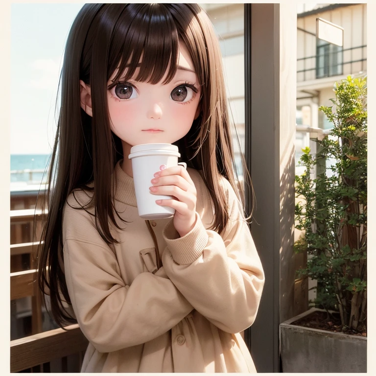 little girl holding a coffee cup, cute girl, Cute and delicate face, cute slender face, Hayami, Chiho, Yoshitomo Nara, Young cute face, beauty的日本女孩脸, Brown hair and big eyes, Cute and beautiful girl, beauty