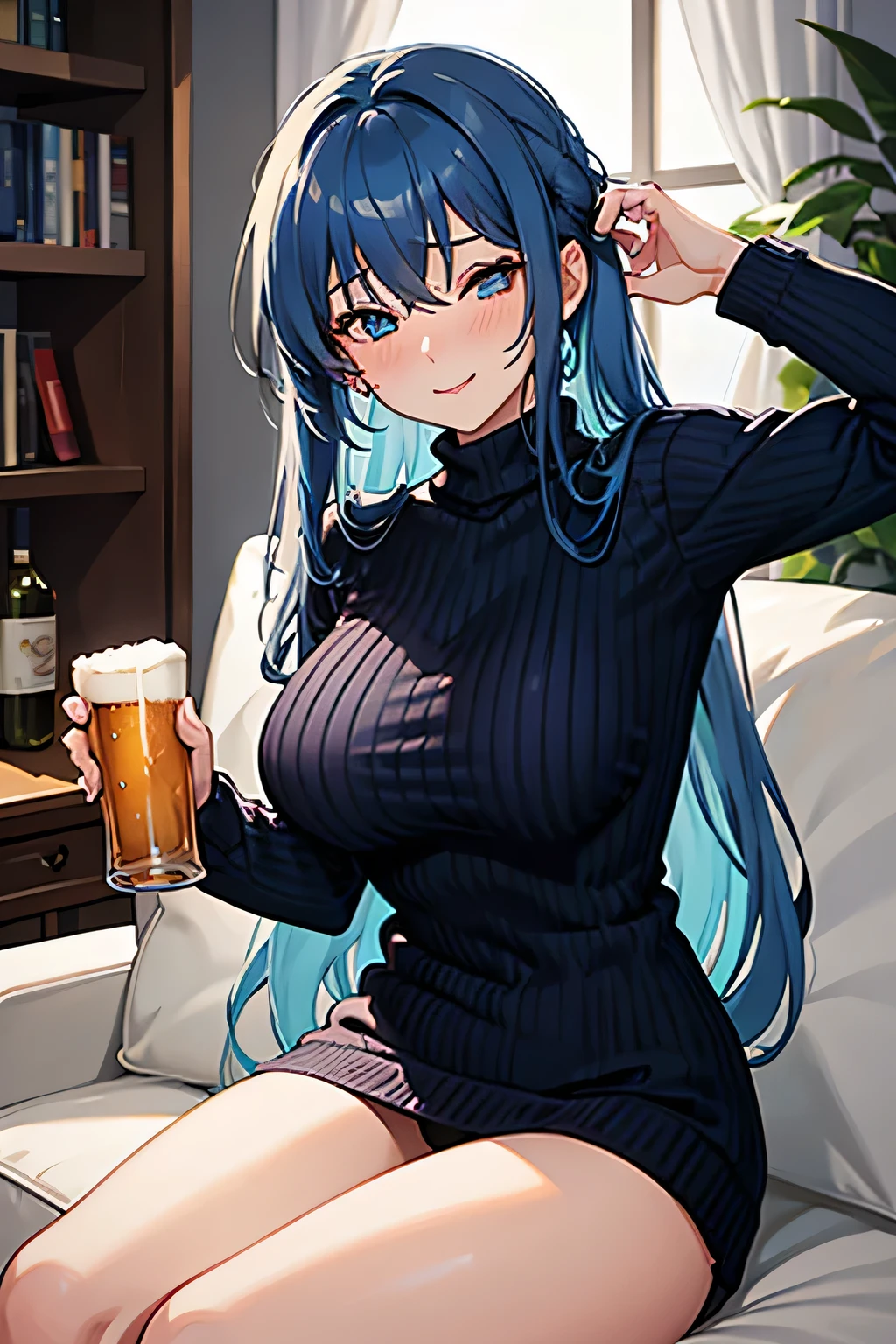 Masterpiece, best quality, upper body, 1girl, blue hair, long hair, closed eyes, blue turtleneck sweater, drunk, room, nose blush, sitting on sofa, beer bottle, smile, large breasts