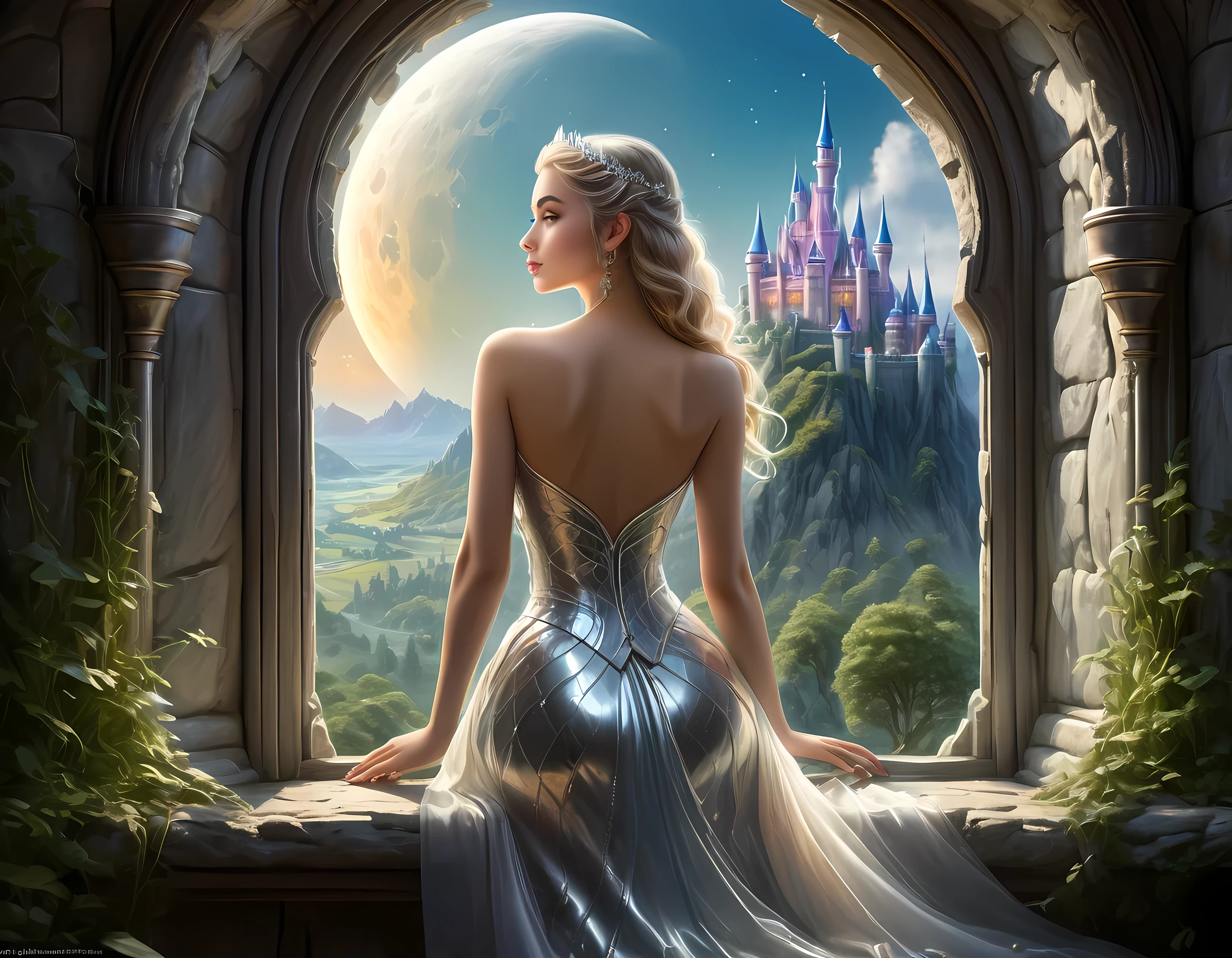 fantasy art, RPG art, a portrait picture of a (beautiful human princess: 1.2) looking through her window at a magical castle, a beautiful elven princess looking through her window to see a magical castle, wearing latex dress, an impressive best detailed castle, with towers, bridges, a moat, standing on top of a mountain, moon, colouredglazecd_xl, BJ_Full_Moon