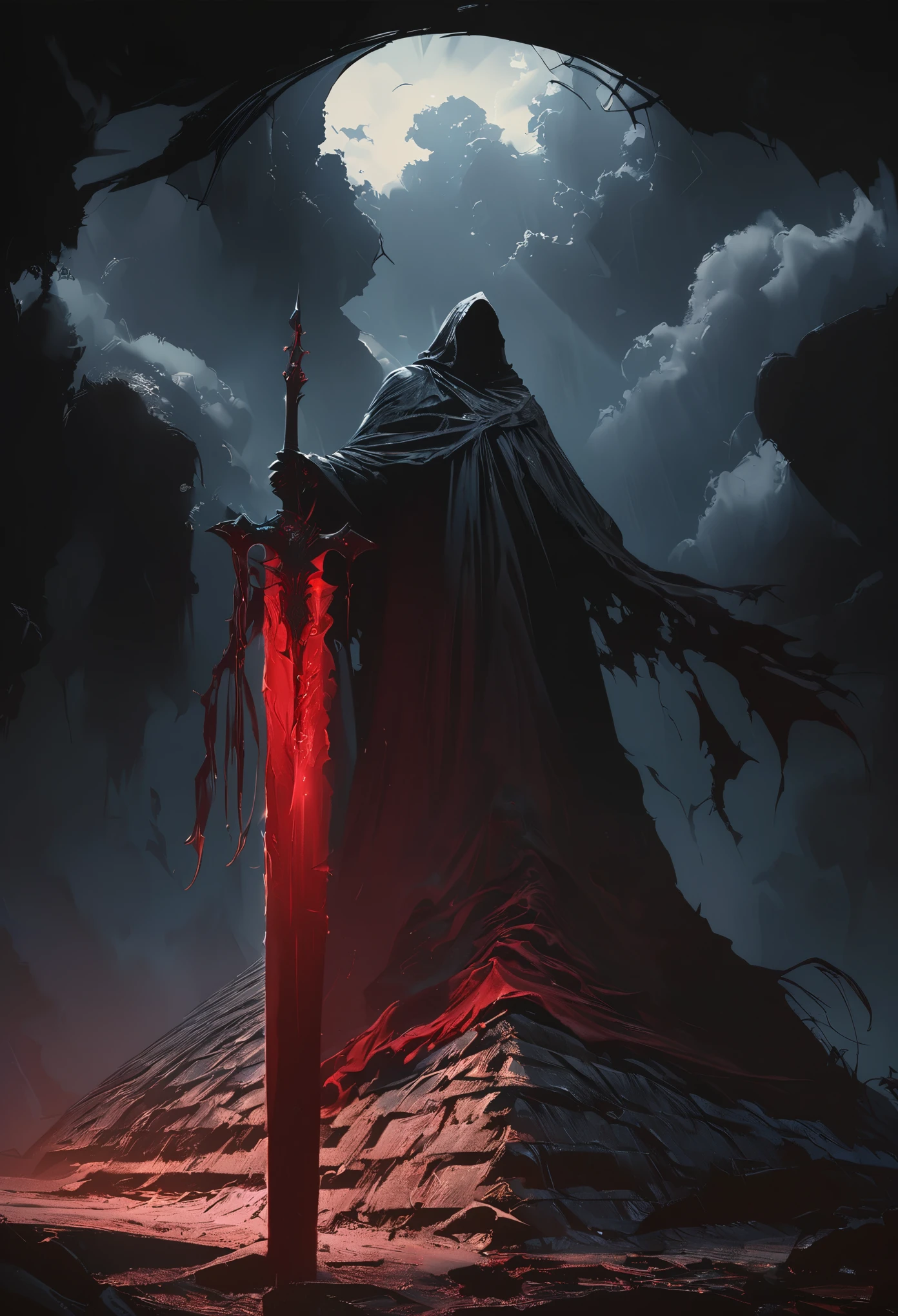 (masterpiece, best quality:1.2), Death on the roof，cloak，Holding a red long sword，moonlight，Ominous Clouds， Dark fantasy illustration style , dark arts, High contrast, Dark Shadows, atmospheric perspective, Melancholic colors, Film composition, Volumetric Lighting, number, Brushstrokes, Dramatic Lighting, Low angle shot, Surrealism, Super detailed, Hyperrealism 