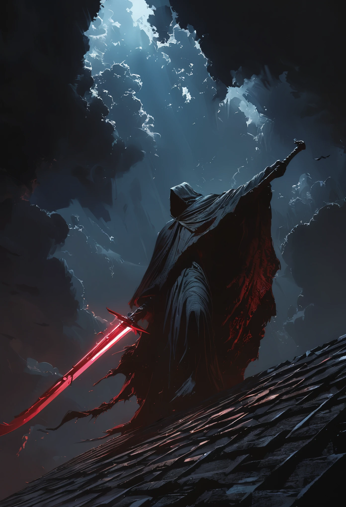 (masterpiece, best quality:1.2), Death on the roof,cloak,Holding a red long sword,moonlight,Ominous Clouds, Dark fantasy illustration style , dark arts, High contrast, Dark Shadows, atmospheric perspective, Melancholic colors, Film composition, Volumetric Lighting, number, Brushstrokes, Dramatic Lighting, Low angle shot, Surrealism, Super detailed, Hyperrealism
