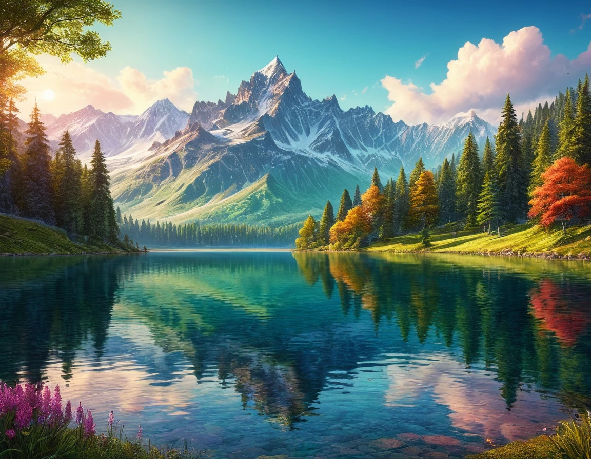 Hyperrealistic conceptual digital art. A magnificent landscape with a mountain lake . The brightest colors . A delightful beauty. We see a reflection of a magic castle in the lake. Only the mountains and the forest are visible from the outside. This is Utopia. Hyperdetalization. A masterpiece.