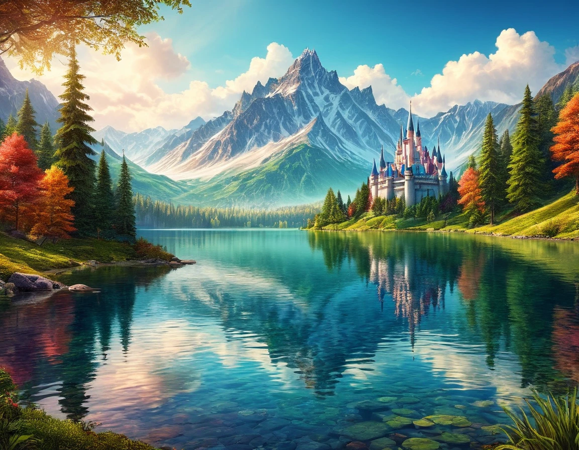 Hyperrealistic conceptual digital art. A magnificent landscape with a mountain lake . The brightest colors . A delightful beauty. We see a reflection of a magic castle in the lake. Only the mountains and the forest are visible from the outside. This is Utopia. Hyperdetalization. A masterpiece.