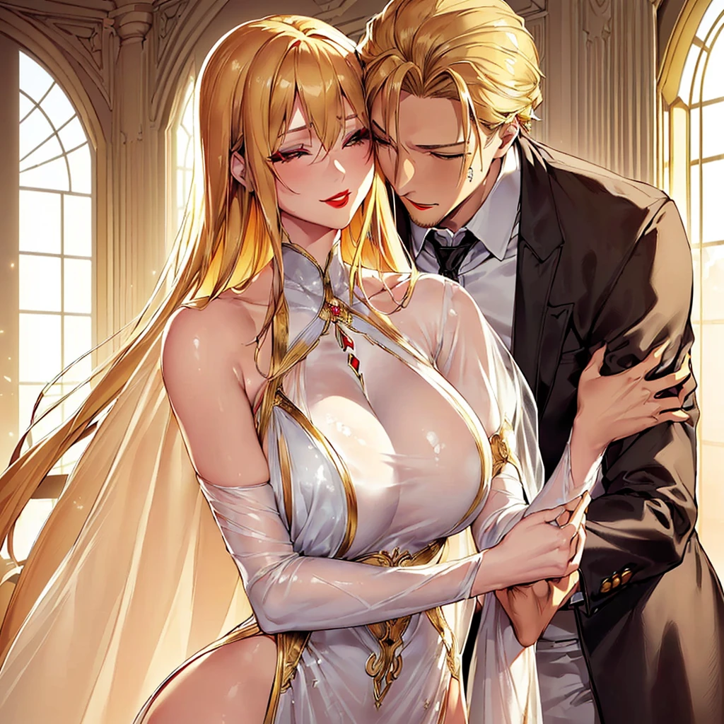 ((highest quality)), ((masterpiece)), (detailed), Perfect Face、(Yuuki Asuna)、(The woman has bright blonde hair)、((The woman hugs the man happily and looks at him lovingly.))、((A man embraces a woman and looks at her tenderly))、((The woman is wearing a flashy, shiny, gold, see-through dress with a long slit.))、((The woman is wearing heavy makeup, including bright red lipstick and dark eyeshadow.))、The man gently strokes the woman's head with one hand.、The man is dressed luxuriously、((The man has a strong body and a big dick and balls))、(Woman looks happy)、((The man is not wearing lipstick or makeup.))、The man looks satisfied、Bedroom