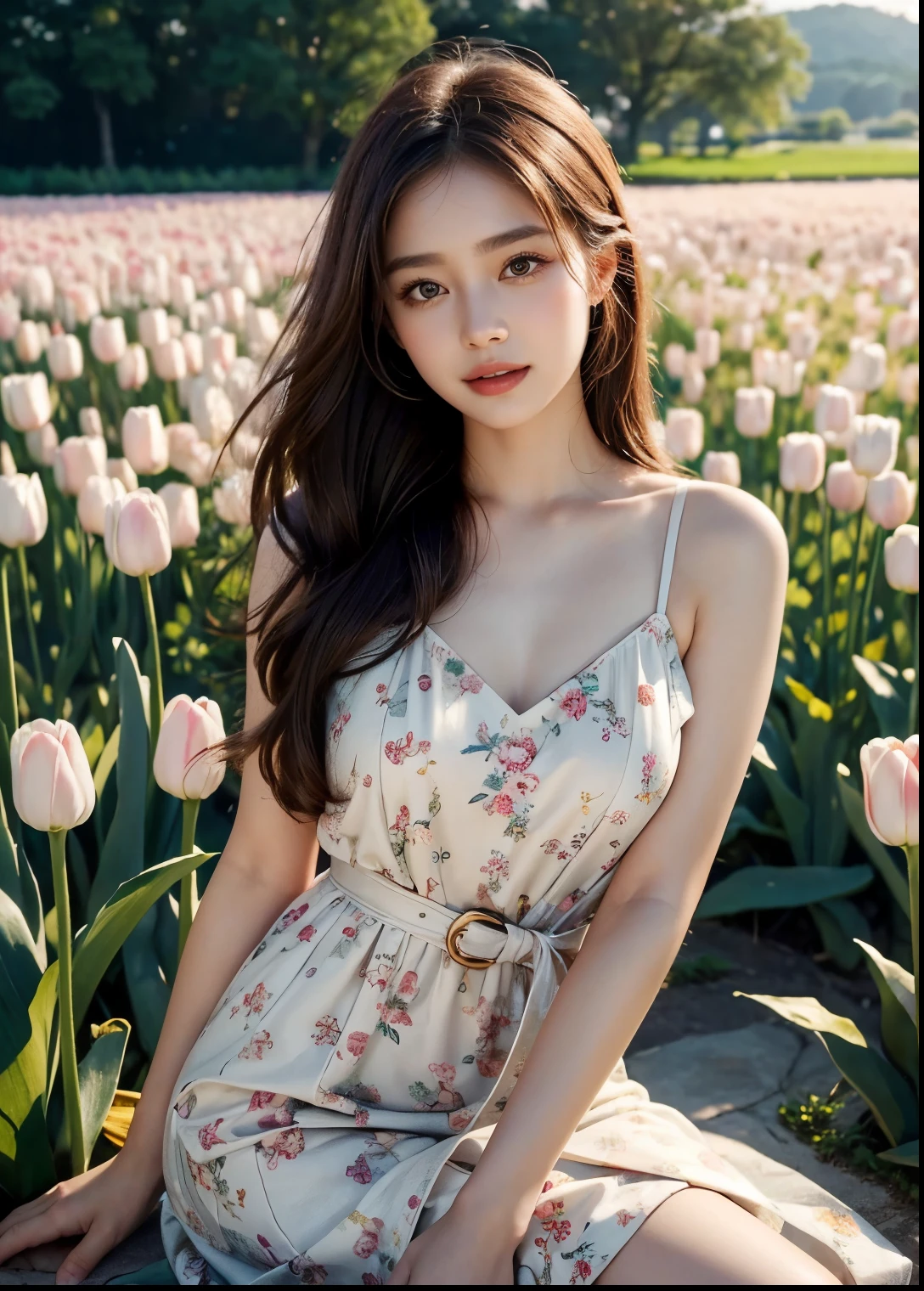 (best quality,4k,8k,highres,masterpiece:1.2),ultra-detailed,(realistic,photorealistic,photo-realistic:1.37),beautiful Korean girl in big tulip fields,lush greenery,lively and vibrant atmosphere,colorful tulips stretching as far as the eye can see,natural sunlight illuminating her delicate features,soft breeze gently playing with her hair,feminine beauty highlighted by the vibrant floral backdrop,subtle smile radiating warmth and happiness, Belted Red Mini Dress Ash, carefully applied makeup emphasizing her natural glow,expressive almond-shaped eyes that reflect the serenity of the surroundings,glossy and plump lips exuding youth and vitality,captivating pose exuding confidence and grace,exquisite floral accessories adding a touch of romance and elegance,faint scent of blooming tulips filling the air,happy laughter and joyous chatter in the background,immersive view capturing the vastness and beauty of the tulip fields,dreamy and ethereal ambiance transporting viewers to a picturesque paradise,artistic rendition blending traditional Korean elements with a modern twist,vivid colors that capture the essence of spring,soft and warm color palette creating a harmonious and inviting atmosphere,natural lighting casting a soft glow,illuminating the scene with a magical radiance.