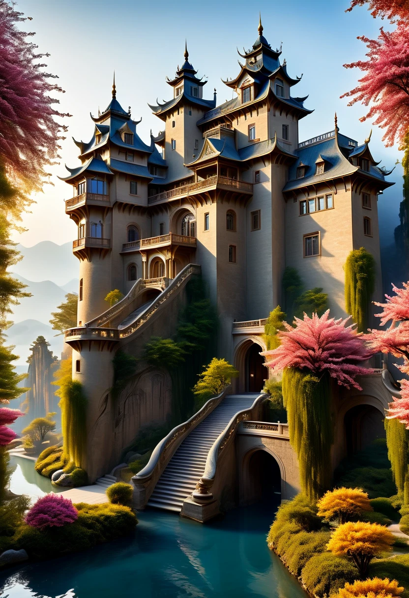 (best quality,4k,8k,highres,masterpiece:1.2),ultra-detailed,(realistic,photorealistic,photo-realistic:1.37),impressive dream-like castle,ethereal atmosphere,enchanting scenery,majestic stone walls,tall turrets,vibrant gardens,blooming flowers,golden sunlight streaming through,soft clouds floating in the sky,sparkling river winding around,peaceful reflection,a sense of mystery,fairy tale ambiance,impressive architectural details,grand entrance gate,strong fortress,immaculately carved sculptures,detailed stone masonry,shimmering moat surrounding,high tower with panoramic view,magnificent stained glass windows,elaborate balconies with intricate ironwork,royal flags fluttering in the breeze,splendid courtyard with a central fountain,glistening water cascading gently,elegant marble pathways,whispering willow trees,serene music filling the air,tranquil ambiance,impressive royal chambers with luxurious decor,magnificent chandeliers illuminating the rooms,rich tapestries adorning the walls,regal throne room with a golden throne and velvet drapes,royal banquet hall with a long, majestic table and ornate chairs,exquisite paintings and sculptures decorating the castle halls,feast of colors,detailed textures,impressive architecture,romantic and dreamy atmosphere,majestic and enchanting,perfect harmony of light and shadow,lively and vibrant colors,evoking a sense of awe and wonder.