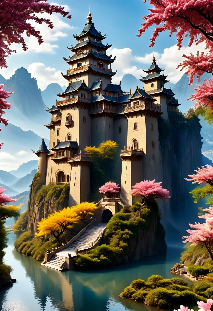 (best quality,4k,8k,highres,masterpiece:1.2),ultra-detailed,(realistic,photorealistic,photo-realistic:1.37),impressive dream-like castle,ethereal atmosphere,enchanting scenery,majestic stone walls,tall turrets,vibrant gardens,blooming flowers,golden sunlight streaming through,soft clouds floating in the sky,sparkling river winding around,peaceful reflection,a sense of mystery,fairy tale ambiance,impressive architectural details,grand entrance gate,strong fortress,immaculately carved sculptures,detailed stone masonry,shimmering moat surrounding,high tower with panoramic view,magnificent stained glass windows,elaborate balconies with intricate ironwork,royal flags fluttering in the breeze,splendid courtyard with a central fountain,glistening water cascading gently,elegant marble pathways,whispering willow trees,serene music filling the air,tranquil ambiance,impressive royal chambers with luxurious decor,magnificent chandeliers illuminating the rooms,rich tapestries adorning the walls,regal throne room with a golden throne and velvet drapes,royal banquet hall with a long, majestic table and ornate chairs,exquisite paintings and sculptures decorating the castle halls,feast of colors,detailed textures,impressive architecture,romantic and dreamy atmosphere,majestic and enchanting,perfect harmony of light and shadow,lively and vibrant colors,evoking a sense of awe and wonder.