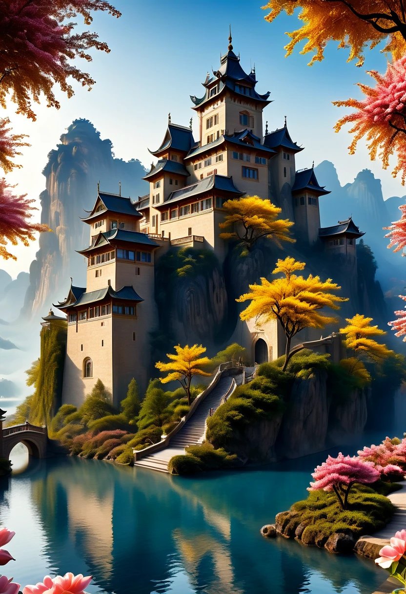 (best quality,4k,8k,highres,masterpiece:1.2),ultra-detailed,(realistic,photorealistic,photo-realistic:1.37),impressive dream-like castle,ethereal atmosphere,enchanting scenery,majestic stone walls,tall turrets,vibrant gardens,blooming flowers,golden sunlight streaming through,soft clouds floating in the sky,sparkling river winding around,peaceful reflection,a sense of mystery,fairy tale ambiance,impressive architectural details,grand entrance gate,strong fortress,immaculately carved sculptures,detailed stone masonry,shimmering moat surrounding,high tower with panoramic view,magnificent stained glass windows,elaborate balconies with intricate ironwork,royal flags fluttering in the breeze,splendid courtyard with a central fountain,glistening water cascading gently,elegant marble pathways,whispering willow trees,serene music filling the air,tranquil ambiance,impressive royal chambers with luxurious decor,magnificent chandeliers illuminating the rooms,rich tapestries adorning the walls,regal throne room with a golden throne and velvet drapes,royal banquet hall with a long, majestic table and ornate chairs,exquisite paintings and sculptures decorating the castle halls,feast of colors,detailed textures,impressive architecture,romantic and dreamy atmosphere,majestic and enchanting,perfect harmony of light and shadow,lively and vibrant colors,evoking a sense of awe and wonder.