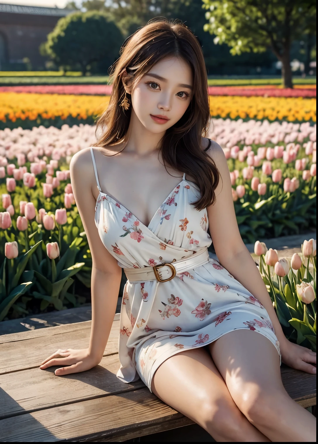 (best quality,4k,8k,highres,masterpiece:1.2),ultra-detailed,(realistic,photorealistic,photo-realistic:1.37),beautiful Korean girl in big tulip fields,lush greenery,lively and vibrant atmosphere,colorful tulips stretching as far as the eye can see,natural sunlight illuminating her delicate features,soft breeze gently playing with her hair,feminine beauty highlighted by the vibrant floral backdrop,subtle smile radiating warmth and happiness, Belted Red Mini Dress Ash, carefully applied makeup emphasizing her natural glow,expressive almond-shaped eyes that reflect the serenity of the surroundings,glossy and plump lips exuding youth and vitality,captivating pose exuding confidence and grace,exquisite floral accessories adding a touch of romance and elegance,faint scent of blooming tulips filling the air,happy laughter and joyous chatter in the background,immersive view capturing the vastness and beauty of the tulip fields,dreamy and ethereal ambiance transporting viewers to a picturesque paradise,artistic rendition blending traditional Korean elements with a modern twist,vivid colors that capture the essence of spring,soft and warm color palette creating a harmonious and inviting atmosphere,natural lighting casting a soft glow,illuminating the scene with a magical radiance.