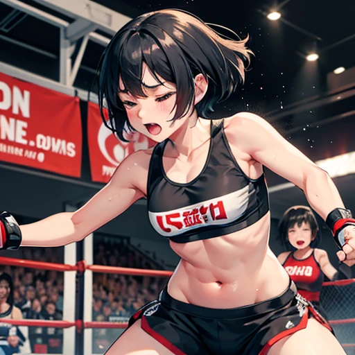 Cute Japanese high school girl with short-cut black hair being punched by her opponent in front of her during a match in a women's mixed martial arts ring, wide mouth open, out of breath, in pain, twisting, eyes tightly closed, screaming, very sweaty, out of stamina, slender body, poor body, small breasted sports bra, high leg shorts, open finger gloves