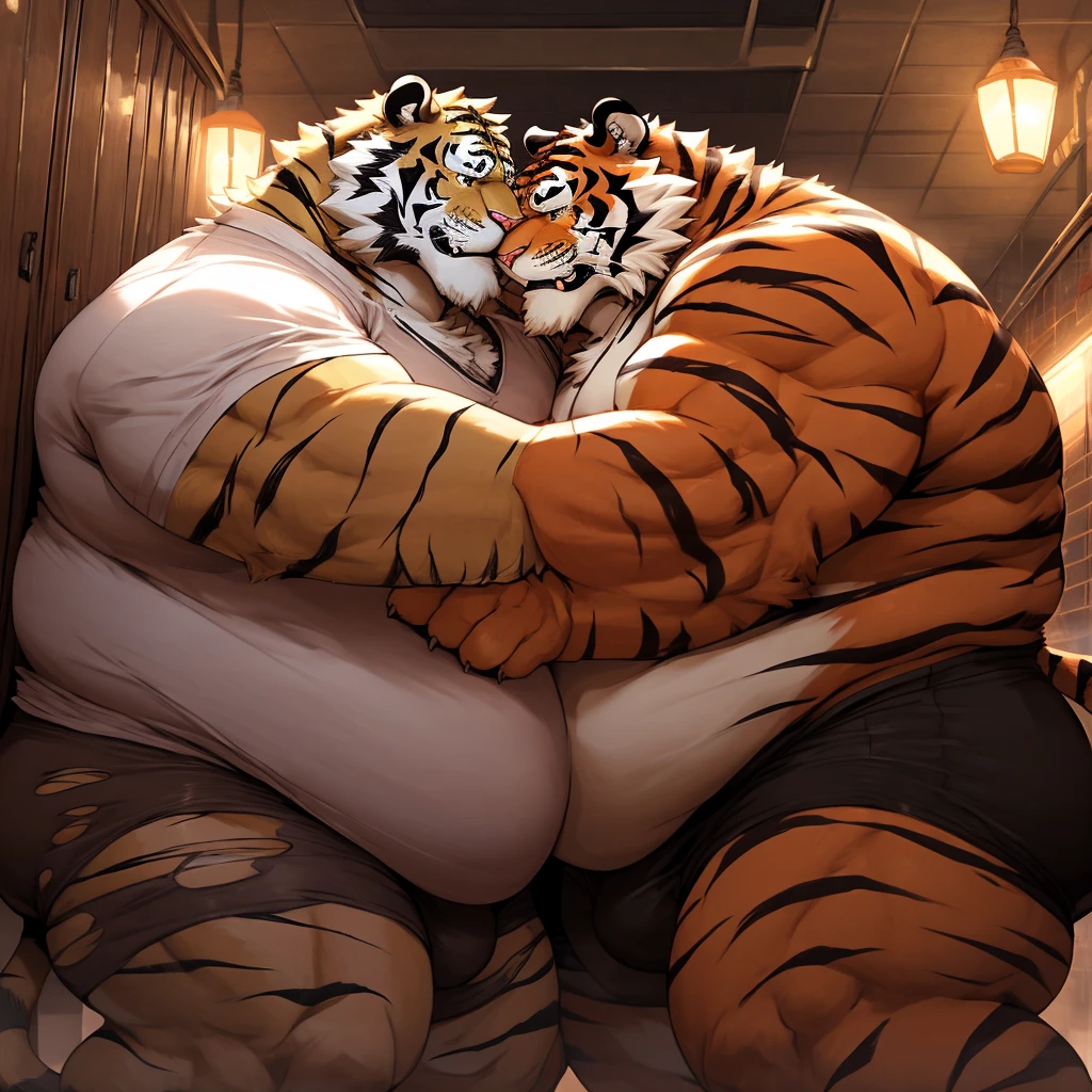 Obese, Chubby , male , furry, fluffy, salivating , wet, kissing , Hug, belly to belly, climaxing face , ass exposed, butt exposed, really torn tight shirt and underwear, wet torn clothes, sexual, duo daddy boss tiger, fat, big ass, fat butt, obese fat belly, big belly, obese belly, hugging with love, Grab belly fat, very big tail, very long tail, really tall tiger, really large tiger, macro tiger, big macro tiger, hand catch tiger's ass, hand grab tiger's ass, hand catch tiger's butt, hand grab tiger's butt, hand catch tiger'ass.
(Extremely Romantic and warm atmosphere, masterpiece), tight torn underwear, ass exposed, butt exposed, tight torn white shirt, grabing black tie, very tight torn shirt, black torn underwear, big belly, very fat belly, belly to belly, sweating, duo fat belly crushed, obese belly crushed, belly crushed, big belly, locker room, dark, night time, no light, belly to belly, Grab belly fat, very obese, very fat, very huge fat belly, duo anthro obese macro boss tiger, duo tiger, duo macro obese tiger, Duo macro tiger.