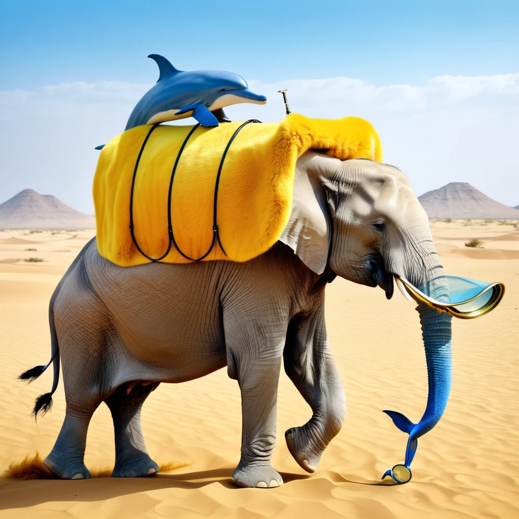 hyperrealistic elephant with yellow fur in the african desert, the elephant is carrying a realistic blue Dolphin on its back, the dolphin is holding a massive magnifying glass,Xill