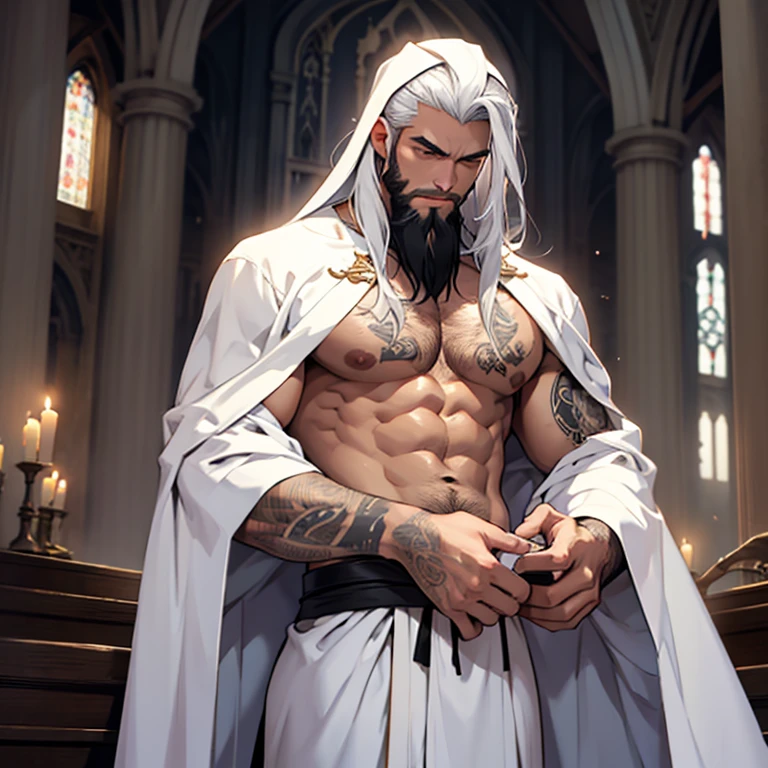 Male, beard, [topless], priest, white robe, black long hair, chest tattoo, 