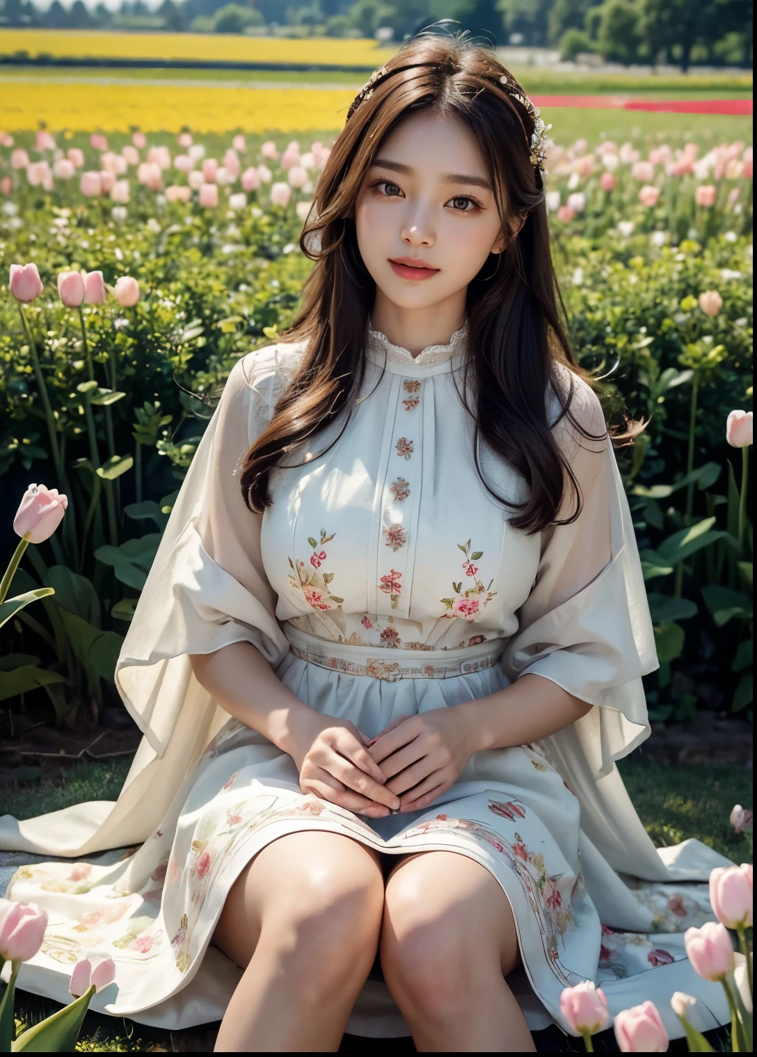 (best quality,4k,8k,highres,masterpiece:1.2),ultra-detailed,(realistic,photorealistic,photo-realistic:1.37),beautiful Korean girl in big tulip fields,lush greenery,lively and vibrant atmosphere,colorful tulips stretching as far as the eye can see,natural sunlight illuminating her delicate features,soft breeze gently playing with her hair,feminine beauty highlighted by the vibrant floral backdrop,subtle smile radiating warmth and happiness, ((Red Perfect Collar above knee length Dress)), carefully applied makeup emphasizing her natural glow,expressive almond-shaped eyes that reflect the serenity of the surroundings,glossy and plump lips exuding youth and vitality,captivating pose exuding confidence and grace,exquisite floral accessories adding a touch of romance and elegance,faint scent of blooming tulips filling the air,happy laughter and joyous chatter in the background,immersive view capturing the vastness and beauty of the tulip fields,dreamy and ethereal ambiance transporting viewers to a picturesque paradise,artistic rendition blending traditional Korean elements with a modern twist,vivid colors that capture the essence of spring,soft and warm color palette creating a harmonious and inviting atmosphere,natural lighting casting a soft glow,illuminating the scene with a magical radiance.