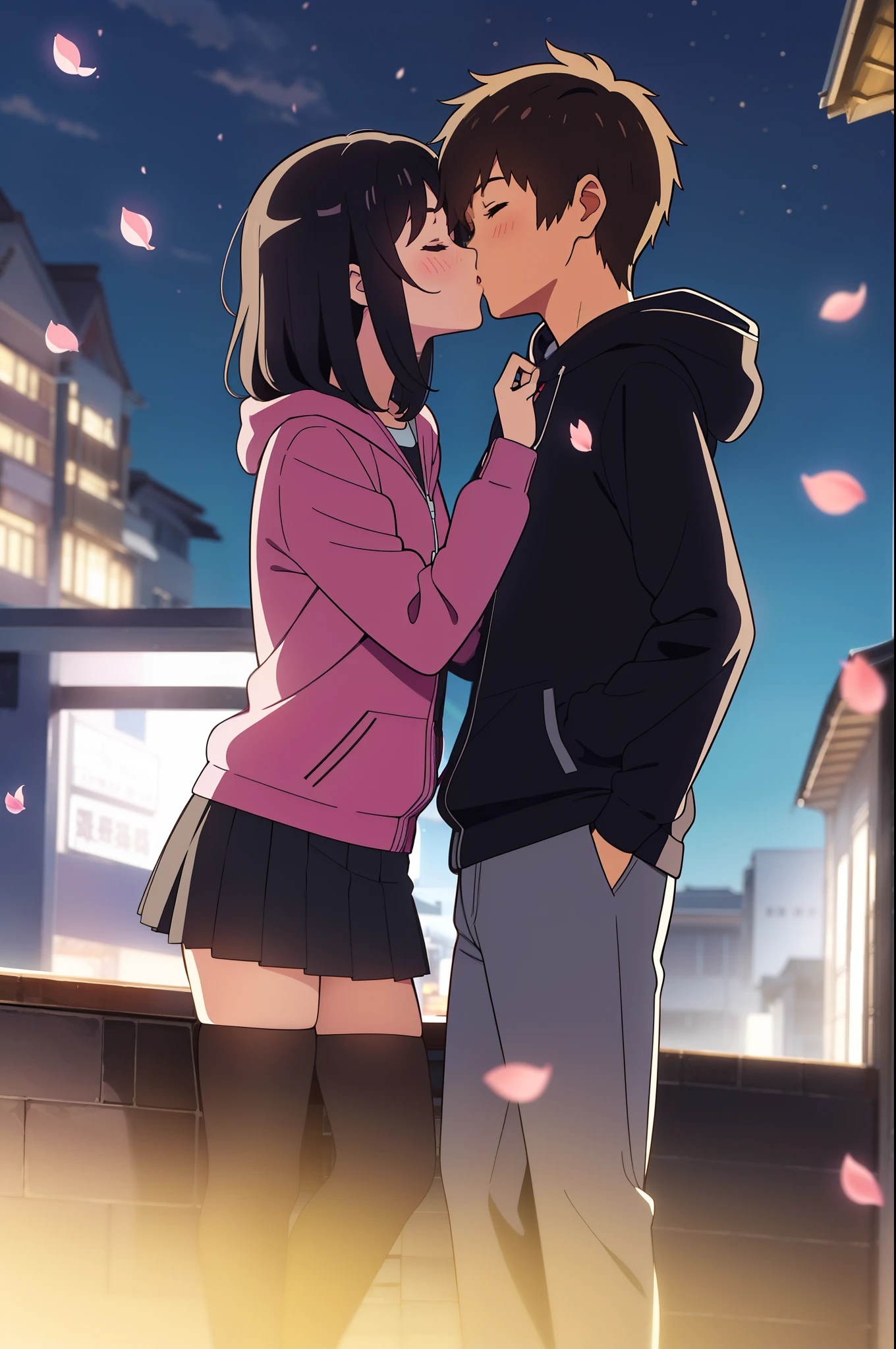 shinkai makoto, kimi no na wa., 1girl, 1boy, bangs, black hair, short hair, blush, casual clothes (boy wear shorts), ((girl wear skirt)), hood, hoodie, cute, love, couple, adorable, dating, (((kiss, deep kiss))), closed eyes, outdoors, night, night sky, dynamic lights, cherry_blossoms, falling_petals, petals, branch, pink_flower, spring_season, wind, tree, upper-body