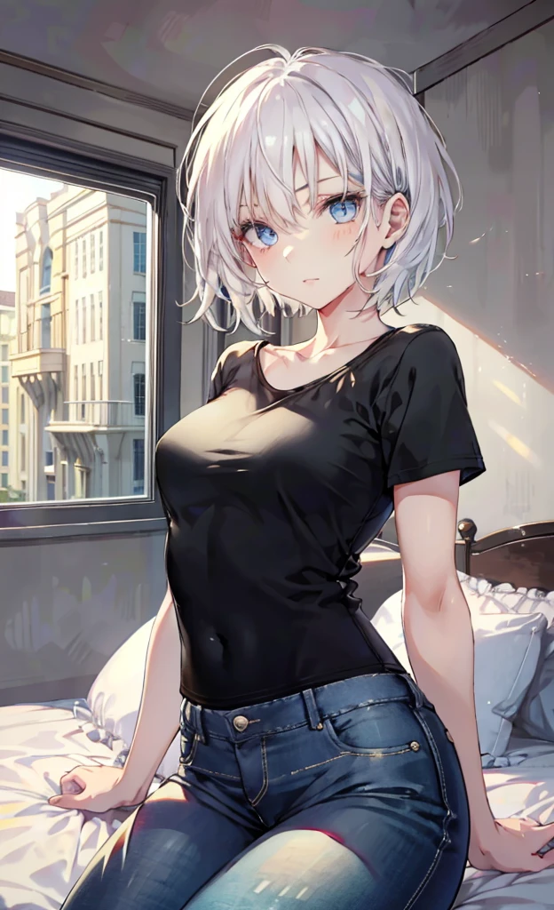 A 37 year old woman, she has blue eyes and white hair, she has medium short hair, she is wearing jeans and a black t-shirt, She has a mature face and is also very sexy, she has a serious and seductive look, she has a beautiful and sexy body, the setting of a bedroom in a house,