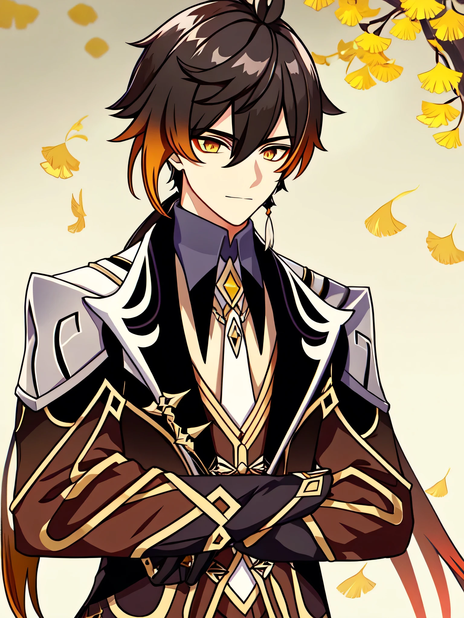 1 boy, One, upper body, front view, view, masterpiece, Best quality, bangs, black gloves, black hair, brown hair, gradient_ hair, collared shirt, earrings, eyebrows visible through hair, formal, gloves, hair between eyes, holding, Chinese_Clothing, jacket, Jewelry, long hair, long sleeve, Men's focus, multicolored hair, ponytail, lone serge, fit, tassel, tassels, yellow eyes, Zhongli\(genshin_impact\)