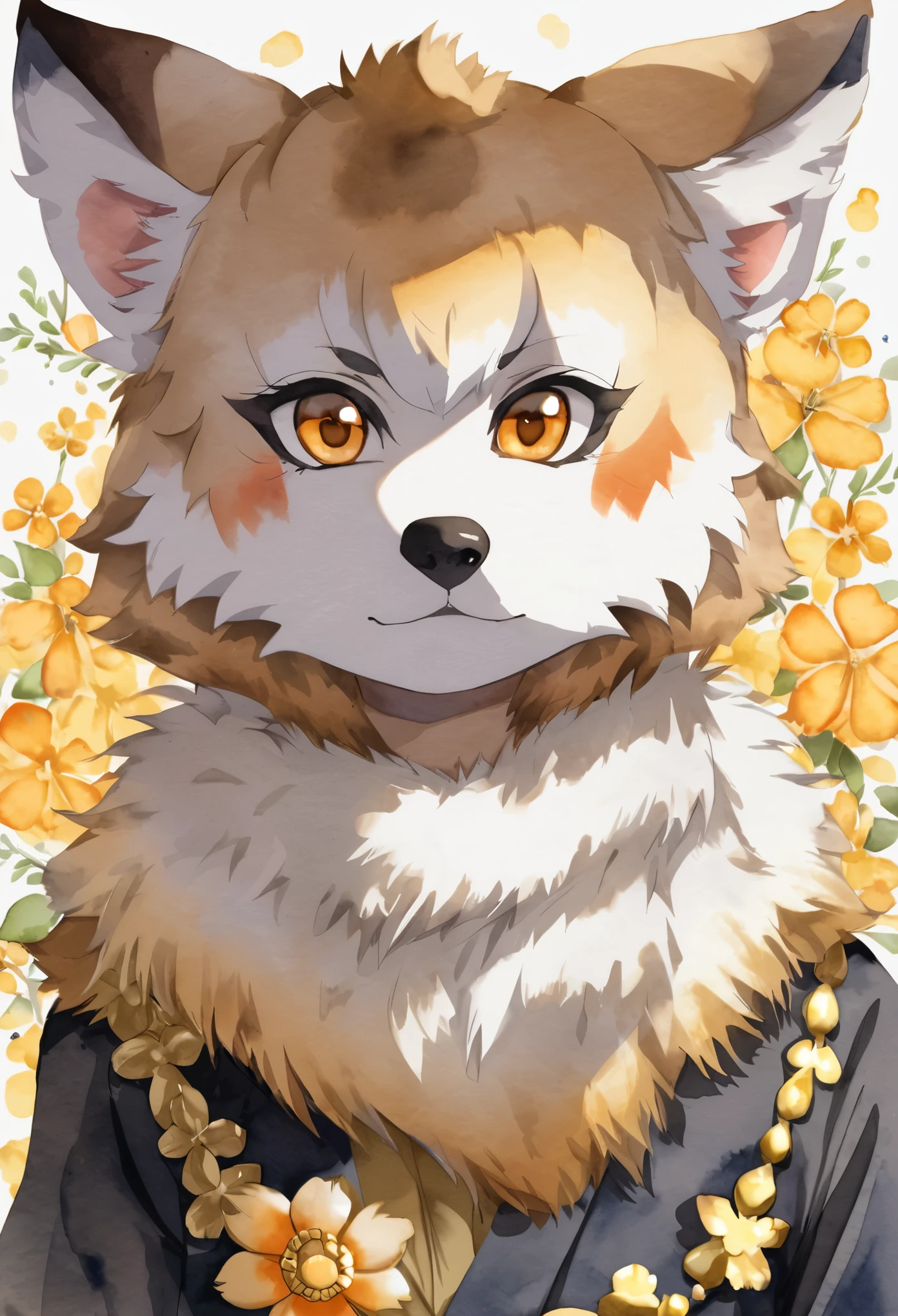 Watercolor elements, 1girl, kemono, furry, detailed body fur, animal face, animal hand, unfocused spread of gold flower,