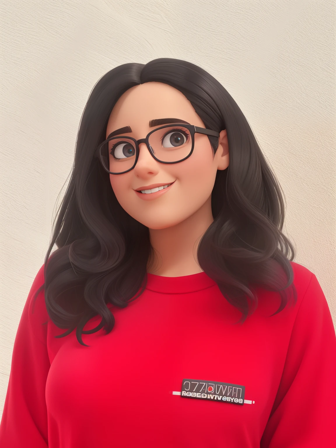 Uma mulher de 20 anos, com cabelos preto cucurtos cacheados , Rosto redondo, rosto redondo com sorriso encantador, e olhos castanhos, wearing glasses. She is in an office and is a professional psychologist pixar animation