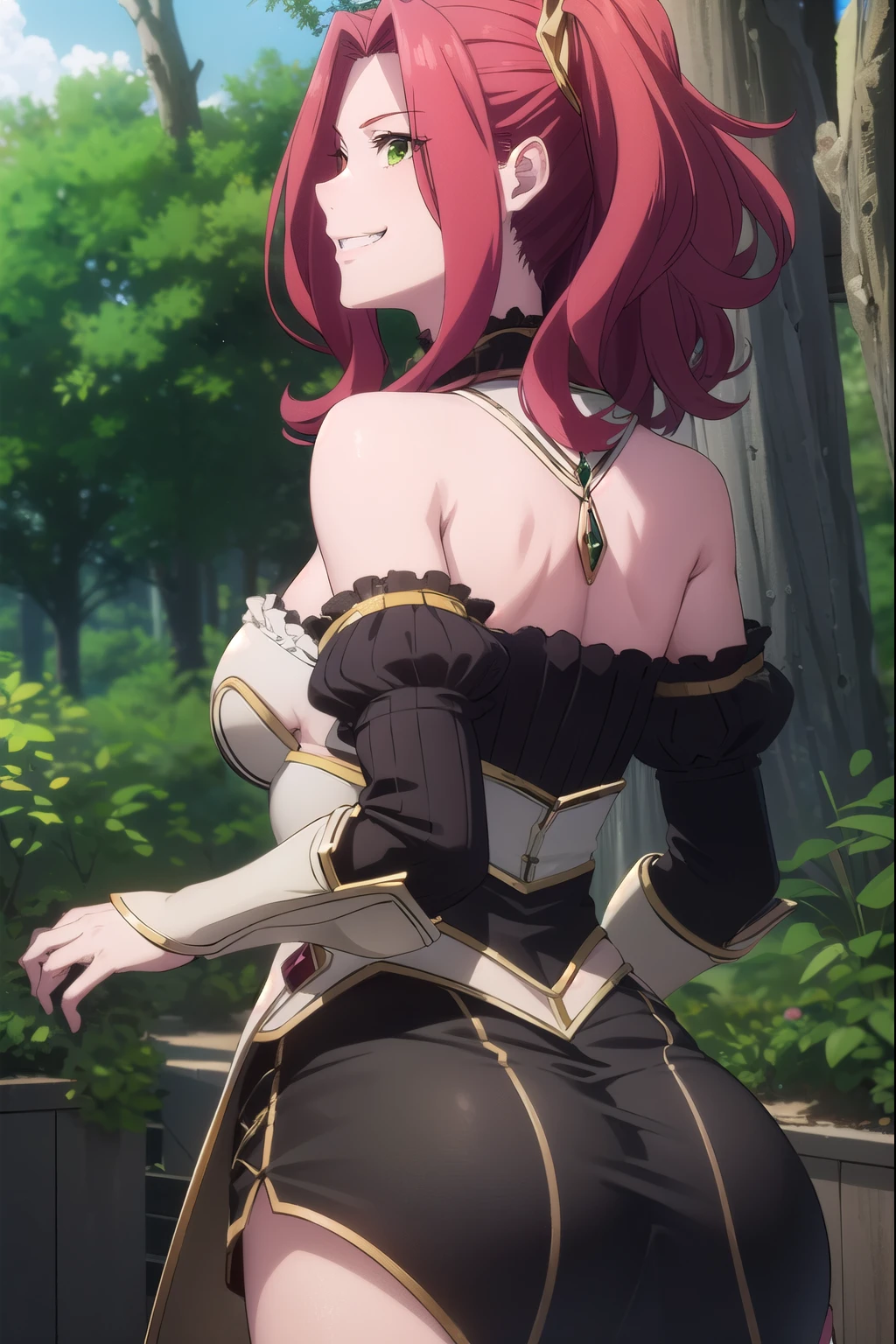 8K Photograph, malty melromarc, 1 girl, thicc ass, long red hair, (green eyes:1.3), smile, grin, bare shoulders, outdoors, forest, nature, sky, looking at camera, masterpiece, extremely detailed face, perfect lighting, extremely detailed CG, (perfect hands, perfect anatomy),