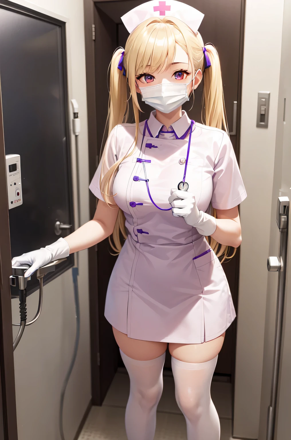 1girl, solo, nurse, nurse cap, white nurse uniform, ((white legwear, zettai ryouiki)), white gloves, twintails, yellow hair, purple eyes, ((white surgical mask, covered nose)), standing, ((hospital room)), sharp outline, short sleeves, best quality, masterpiece