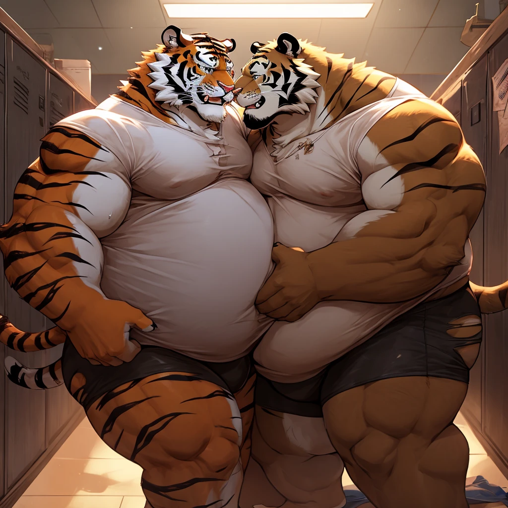 Obese, Chubby , male , furry, fluffy, salivating , wet, kissing , Hug, belly to belly, ing face , ass exed, butt expo really torn tight shirt and underwear, wet torn clothes, sexual, duo doss tiger, fat, big ass, fat butt, obesat belly, belly, obese belly, hugging with love, Grab belly fat, very big tail, very long tail, really tall tiger, really large tiger, macro tiger, big macro tiger, hand catch tiger's ass, hand grab tiger's assand catch tiger's butt,nd grab tiger's butt, haatch tiger'ass.
(Extremeomantic and warm atmosphere, masterpiece), tight torn underwear, ass exposed, butt exposed, tight torn wh shirt, grabilack tie, very tight torn shirt, black torn underwear, big belly, very fat belly, belly to belly, sweating, duo fat belly crushed, obese belly crushed, belly crushed, big belly, locker room, dark, night time, no light, belly to belly, Grab belly fat, very obese, very fat, very huge fat belly, duo anthro obese macro boss tigtiger, duo macro obese tiger, Duo macro tiger.