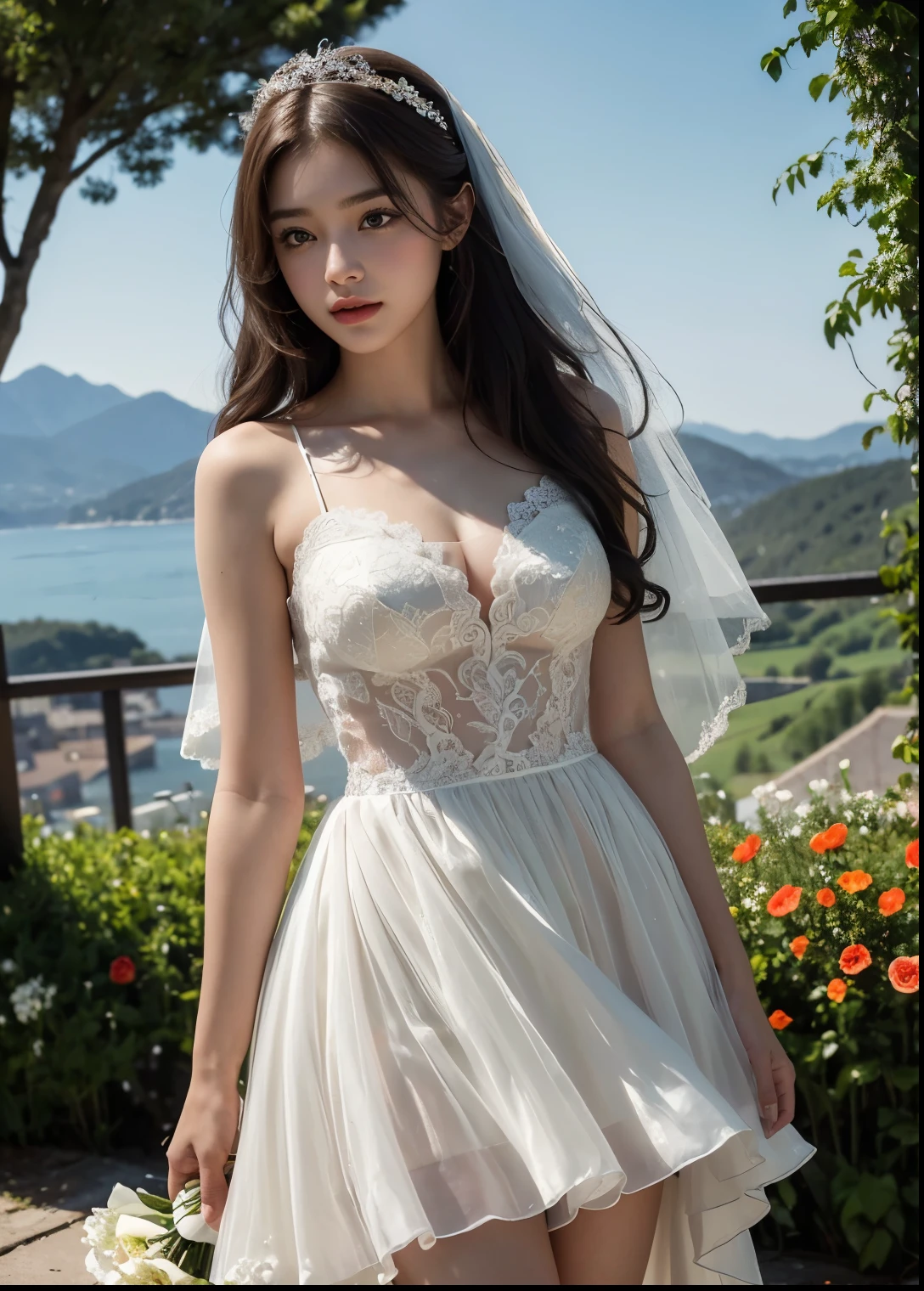 (best quality,4k,8k,highres,masterpiece:1.2),ultra-detailed,(realistic,photorealistic,photo-realistic:1.37),portraits,landscape,bride,girl:1.1,beautiful detailed eyes,beautiful detailed lips,extremely detailed eyes and face,longeyelashes,asian:1.1,tulip fields,big,scenic view,overlooking view,floral paradise,vibrant colors,soft lighting,ethereal atmosphere,dreamlike setting,romantic,elegant,graceful, ((above knee length wedding gown)),flowing fabric,delicate lace details,fitted bodice, above knee length skirt with layers of tulle,veil:1.1,cascading bouquet,blushing cheeks,radiant smile,fresh makeup,hair styled in loose curls,gentle breeze,peaceful,serene