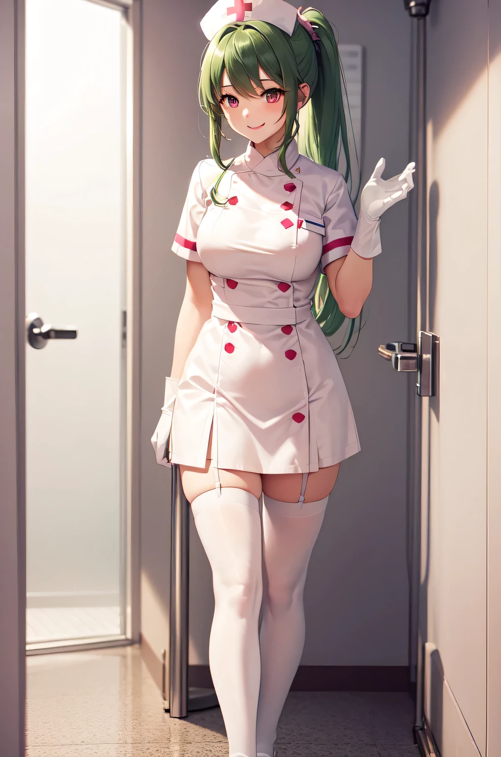 1girl, solo, nurse, nurse cap, white nurse uniform, ((white legwear, zettai ryouiki)), white gloves, ponytail, green hair, pink eyes, smile, standing, ((hospital room)), sharp outline, short sleeves, best quality, masterpiece