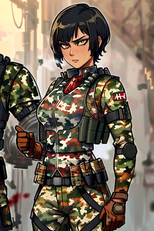 8K, (best quality:1.3), (masterpiece:1.3), (detailed:1.2), 1girl, solo, ((26 year old:1.3, Filipino Woman:1.3, short black hair:1.3, Amber eyes:1.2, Detailed face, Detailed eyes, tanned bronze skin:1.08, agile physique, Perfect Anatomy, Blood and mud stained skin, Blood and cuts on skin, (Wearing: camouflage military suit, bullet proof vest, pants, utility belt, armor and gloves:1.4)), into the camera with a fierce and serious gaze. Debris, smoke, shattered glass and ruined cars are in the surroundings.