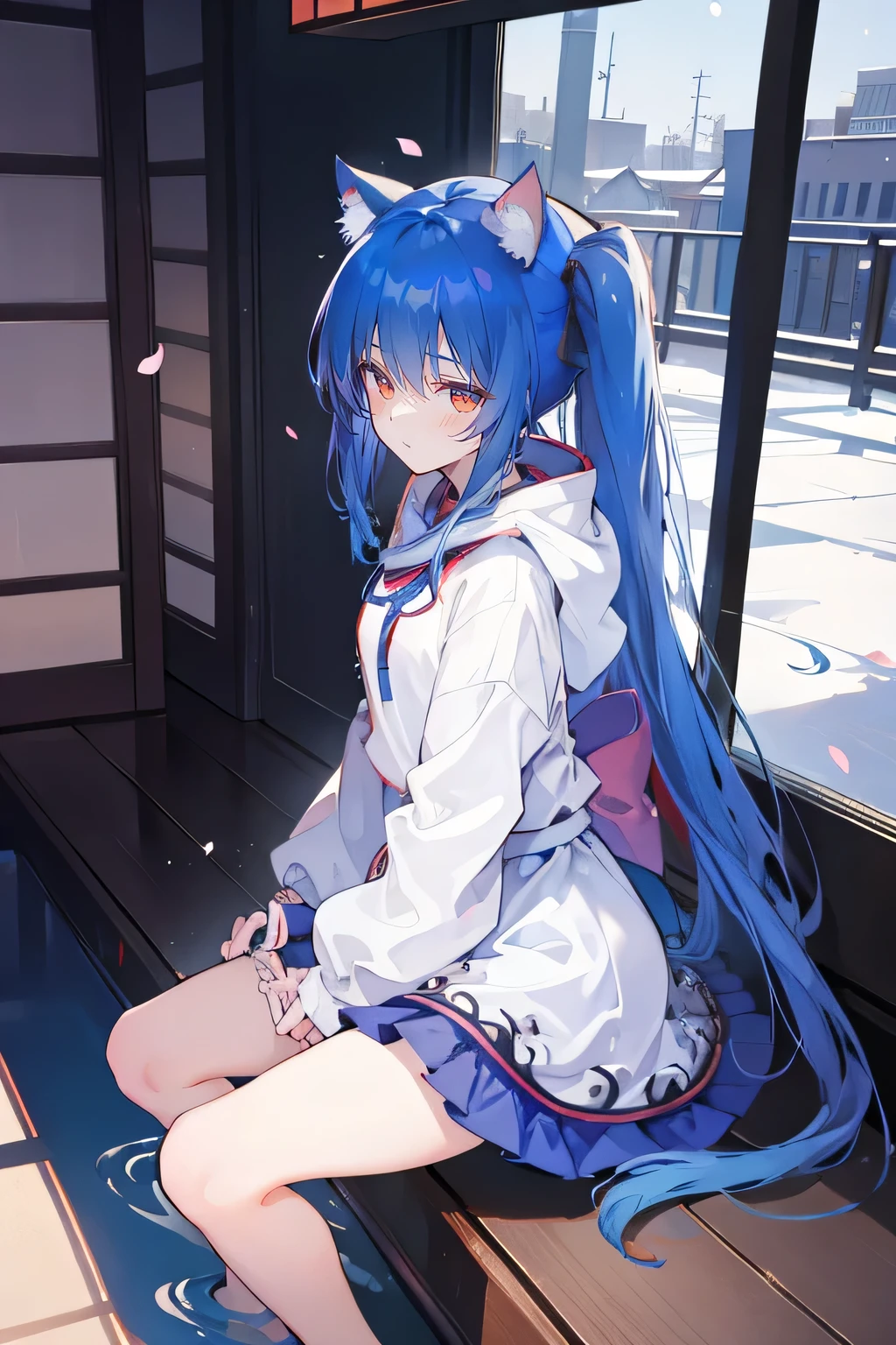 (masterpiece:1.2),Super detailed,lifelike,Expressive eyes,fair skin,perfect face shape,1 girl,
Japanese comics,Gorgeous blue hair,flowing blue hair,flowing clothes,Cat ears,Petals fall,beautiful lola,Baby Angel,
Shaking head with one hand,Cross your legs,Gentle and peaceful background,The pavilion is cool and comfortable,smile, wearing hoodie, background of tokyo,back views,snowing, winter.
