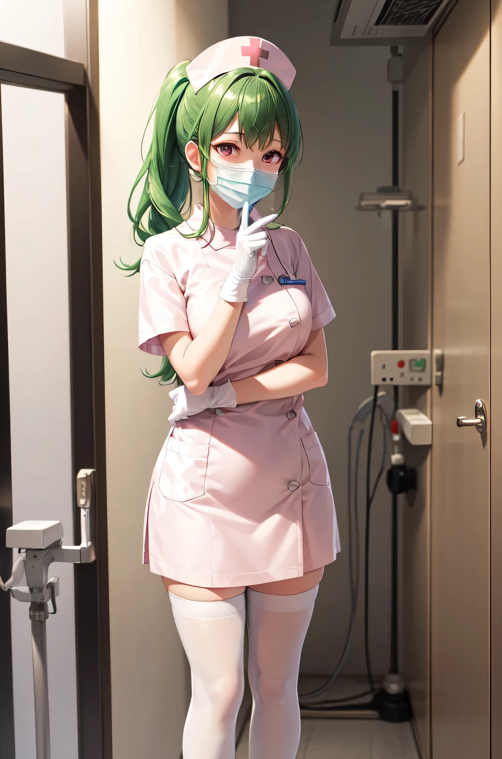 1girl, solo, nurse, nurse cap, white nurse uniform, ((white legwear, zettai ryouiki)), white gloves, ponytail, green hair, pink eyes, ((white surgical mask, covered nose)), standing, ((hospital room)), sharp outline, short sleeves, best quality, masterpiece