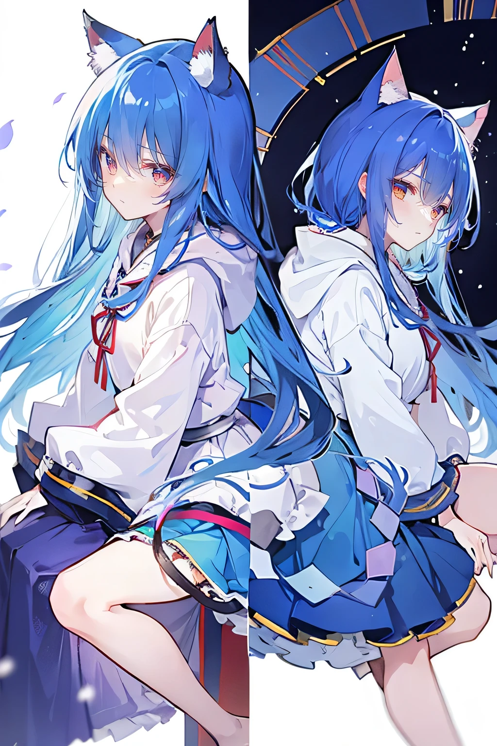 (masterpiece:1.2),Super detailed,lifelike,Expressive eyes,fair skin,perfect face shape,1 girl,
Japanese comics,Gorgeous blue hair,flowing blue hair,flowing clothes,Cat ears,Petals fall,beautiful lola,Baby Angel,
Shaking head with one hand,Cross your legs,Gentle and peaceful background,The pavilion is cool and comfortable,smile, wearing hoodie, background of tokyo,back views,snowing, winter.