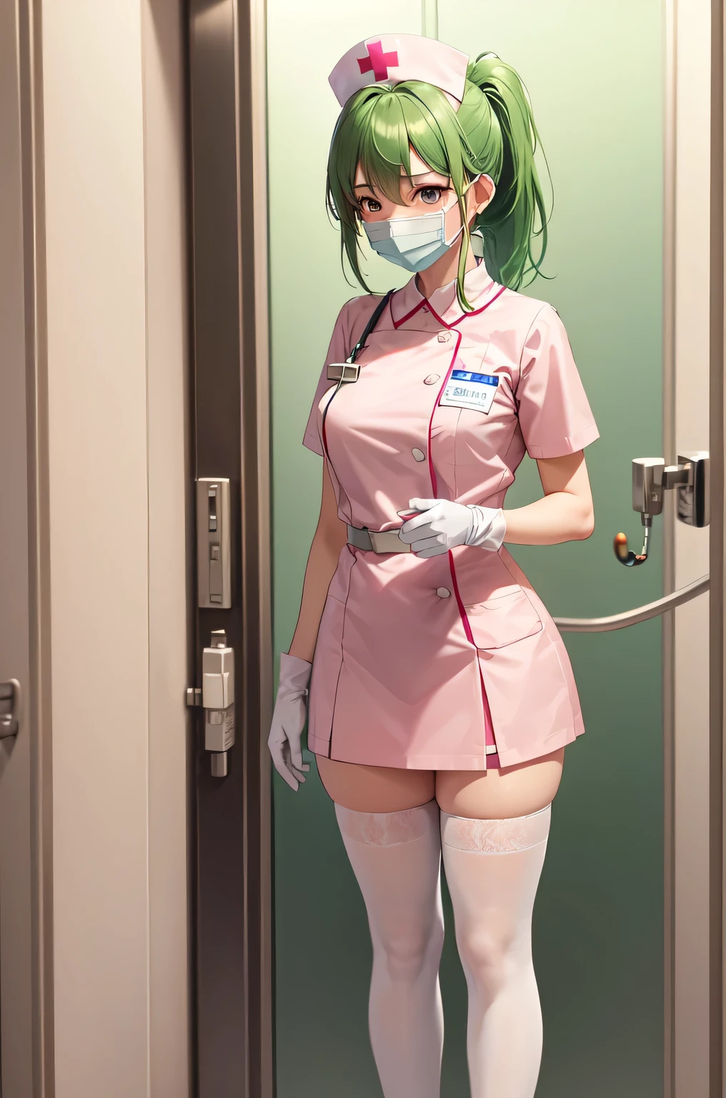 1girl, solo, nurse, nurse cap, white nurse uniform, ((white legwear, zettai ryouiki)), white gloves, ponytail, green hair, pink eyes, ((white surgical mask, covered nose)), standing, ((hospital room)), sharp outline, short sleeves, best quality, masterpiece