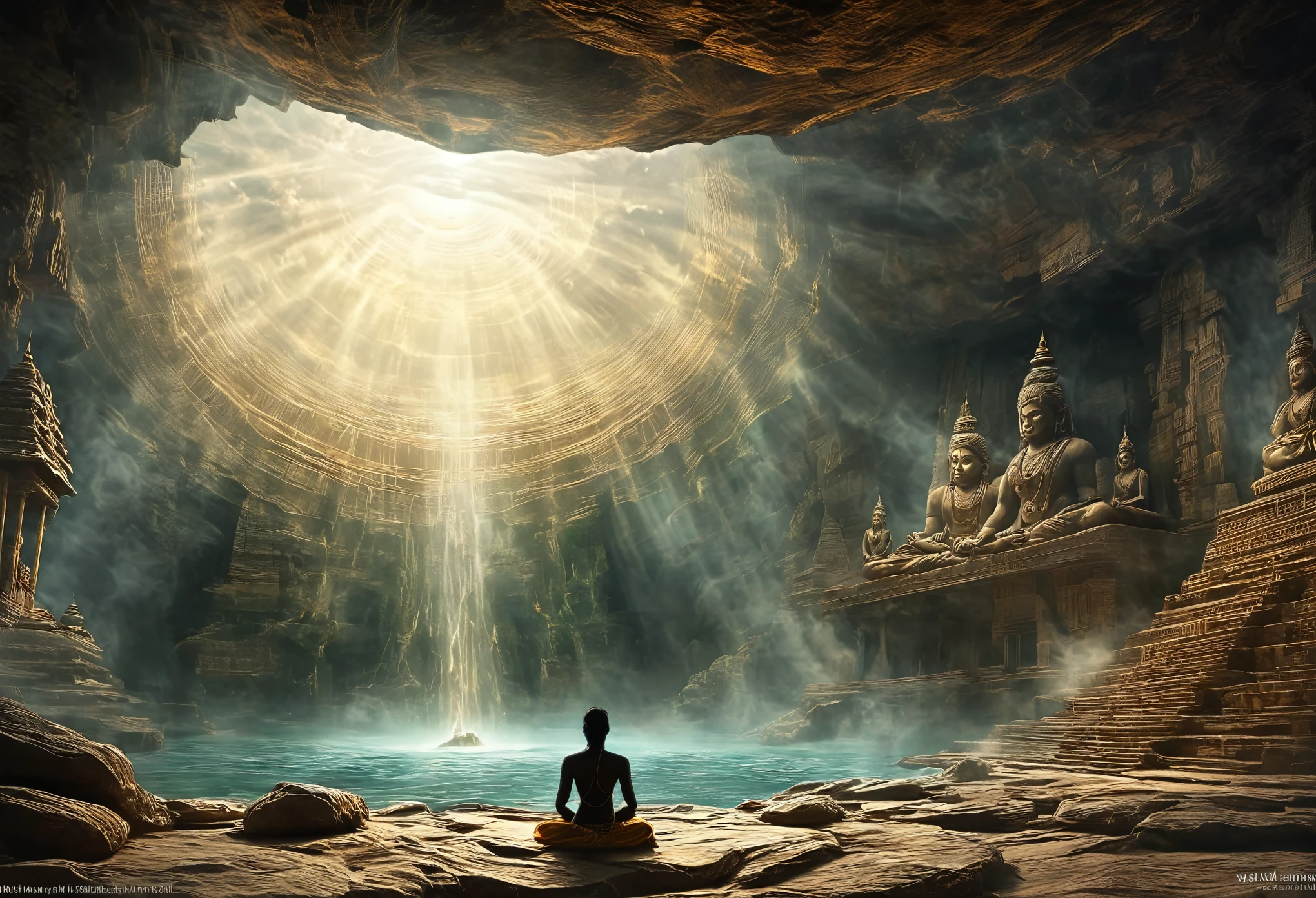 Ancient Indian mythology, a scene hinting at the awakening of Varahama and the rebirth of the world, the moment the ancient Indian god Varahama awakens from the deep abyss, his eyes shining with new light, Varahama radiating mystical power from the deep abyss. The appearance of, a landscape that suggests the birth of the world, hyperrealism,xianxia