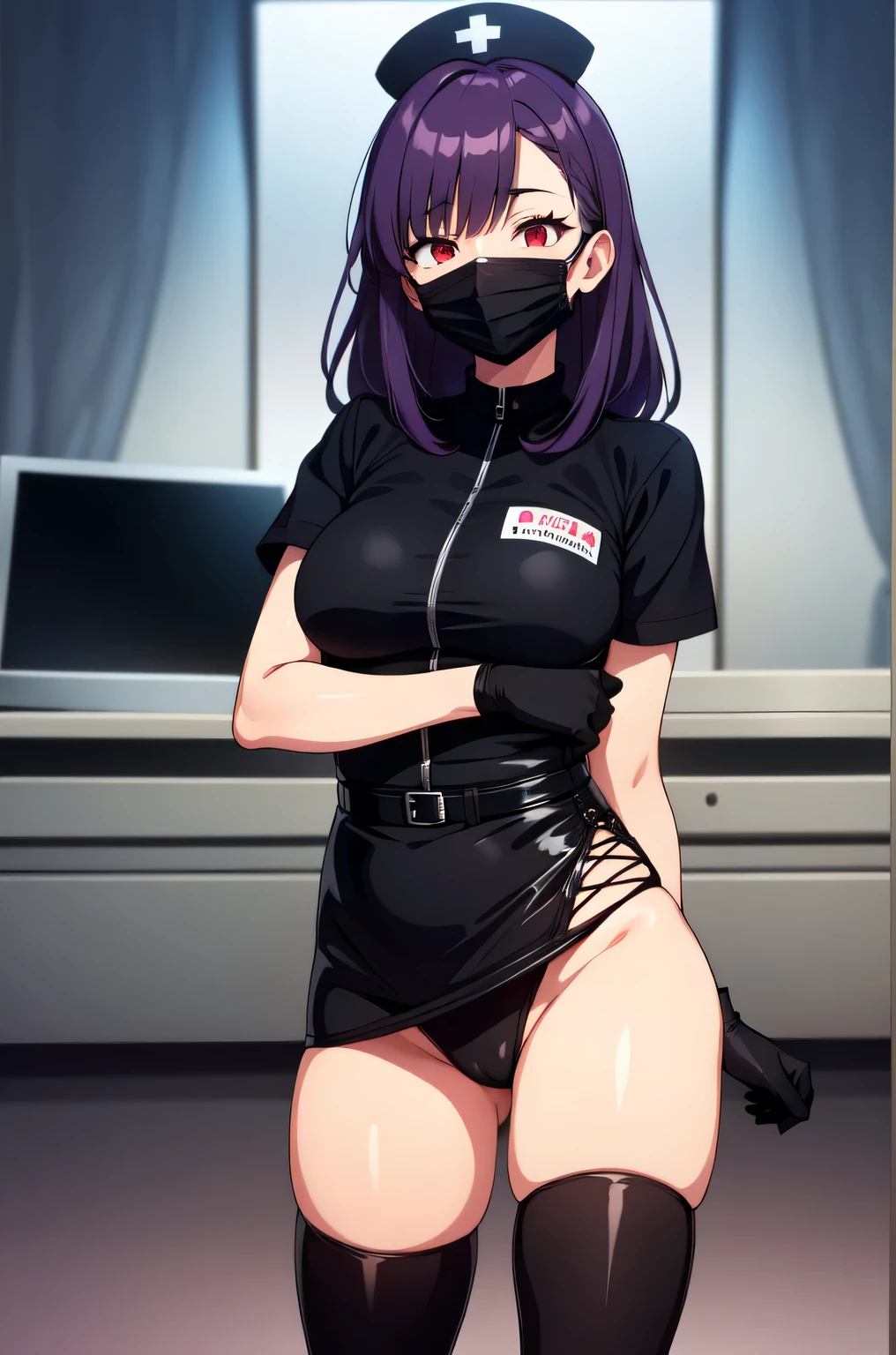 black nurse, 1woman, solo, black nurse cap, black nurse uniform, ((black legwear, zettai ryouiki)), black elbow gloves, long hair, purple hair, red eyes, ((black surgical mask, covered nose)), standing, ((surgery room)), sharp outline, short sleeves, mature female, 35 years old, best quality, masterpiece