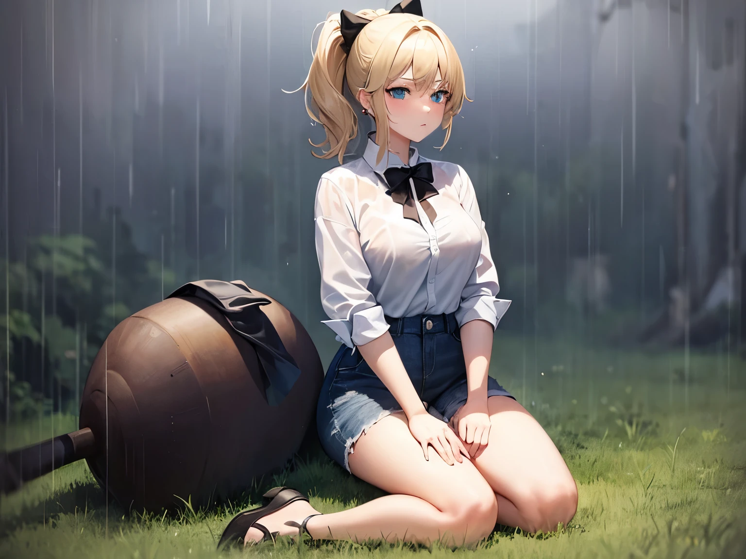 21 year old woman with blonde hair, Turquoise eyes, big , A short ponytail and a black bow are tied on the back...  Wearing a white shirt and short jeans, sitting on the grass. in the rain with sadness