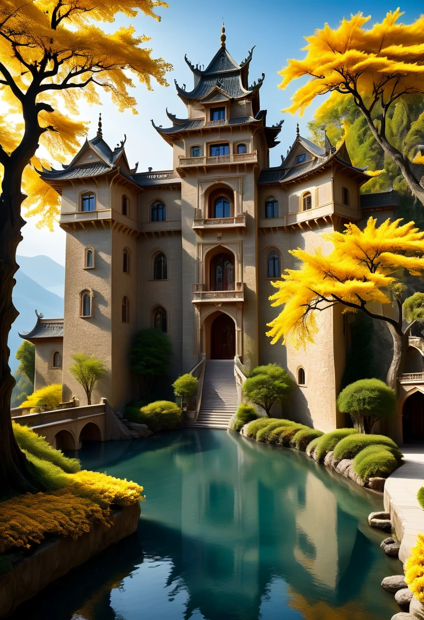 (best quality,4k,8k,highres,masterpiece:1.2),ultra-detailed,(realistic,photorealistic,photo-realistic:1.37),impressive dream-like castle,ethereal atmosphere,enchanting scenery,majestic stone walls,tall turrets,vibrant gardens,blooming flowers,golden sunlight streaming through,soft clouds floating in the sky,sparkling river winding around,peaceful reflection,a sense of mystery,fairy tale ambiance,impressive architectural details,grand entrance gate,strong fortress,immaculately carved sculptures,detailed stone masonry,shimmering moat surrounding,high tower with panoramic view,magnificent stained glass windows,elaborate balconies with intricate ironwork,royal flags fluttering in the breeze,splendid courtyard with a central fountain,glistening water cascading gently,elegant marble pathways,whispering willow trees,serene music filling the air,tranquil ambiance,impressive royal chambers with luxurious decor,magnificent chandeliers illuminating the rooms,rich tapestries adorning the walls,regal throne room with a golden throne and velvet drapes,royal banquet hall with a long, majestic table and ornate chairs,exquisite paintings and sculptures decorating the castle halls,feast of colors,detailed textures,impressive architecture,romantic and dreamy atmosphere,majestic and enchanting,perfect harmony of light and shadow,lively and vibrant colors,evoking a sense of awe and wonder.