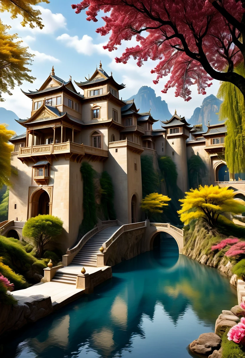 (best quality,4k,8k,highres,masterpiece:1.2),ultra-detailed,(realistic,photorealistic,photo-realistic:1.37),impressive dream-like castle,ethereal atmosphere,enchanting scenery,majestic stone walls,tall turrets,vibrant gardens,blooming flowers,golden sunlight streaming through,soft clouds floating in the sky,sparkling river winding around,peaceful reflection,a sense of mystery,fairy tale ambiance,impressive architectural details,grand entrance gate,strong fortress,immaculately carved sculptures,detailed stone masonry,shimmering moat surrounding,high tower with panoramic view,magnificent stained glass windows,elaborate balconies with intricate ironwork,royal flags fluttering in the breeze,splendid courtyard with a central fountain,glistening water cascading gently,elegant marble pathways,whispering willow trees,serene music filling the air,tranquil ambiance,impressive royal chambers with luxurious decor,magnificent chandeliers illuminating the rooms,rich tapestries adorning the walls,regal throne room with a golden throne and velvet drapes,royal banquet hall with a long, majestic table and ornate chairs,exquisite paintings and sculptures decorating the castle halls,feast of colors,detailed textures,impressive architecture,romantic and dreamy atmosphere,majestic and enchanting,perfect harmony of light and shadow,lively and vibrant colors,evoking a sense of awe and wonder.