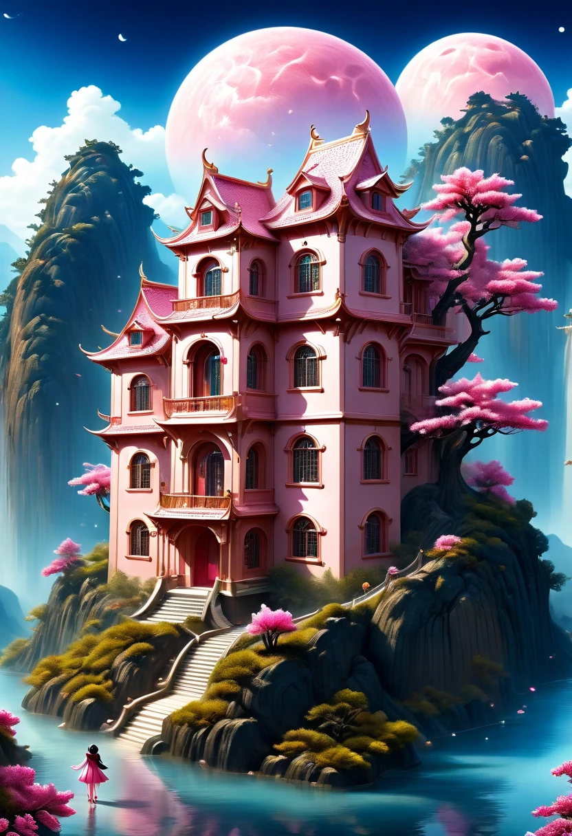 Surreal, Stereogram, Air pressure, Super Detail, Acura, best quality, 超HD, masterpiece, Anatomically correct, 16K, high resolution，Pink Space，1. Little Girl，Located in the magical castle，Magic Forest Castle，A castle built with blocks，错综complex的奇幻小镇, Search for lost treasure，Geometric space，Unordered regular three-dimensional pattern，There are lots of little doll houses and buildings，Space for the rainbow，fantasy color fantasy treasure hunt fantasy，Mysterious treasure，Sparkling treasure，Great numbers（Control theory）， Art Station， detailed， complex， Mathil， Digital art， HD， 8k， Whimsical fantasy landscape art, Extremely detailed fantasies,Big breasts are beautiful， high quality，electronic 8k