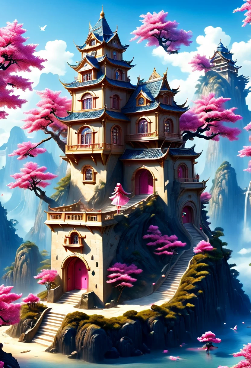 Surreal, Stereogram, Air pressure, Super Detail, Acura, best quality, 超HD, masterpiece, Anatomically correct, 16K, high resolution，Pink Space，1. ，Located in the magical castle，Magic Forest Castle，A castle built with blocks，错综complex的奇幻小镇, Search for lost treasure，Geometric space，Unordered regular three-dimensional pattern，There are lots of little doll houses and buildings，Space for the rainbow，fantasy color fantasy treasure hunt fantasy，Mysterious treasure，Sparkling treasure，Great numbers（Control theory）， Art Station， detailed， complex， Mathil， Digital art， HD， 8k， Whimsical fantasy landscape art, Extremely detailed fantasies,Big breasts are beautiful， high quality，electronic 8k