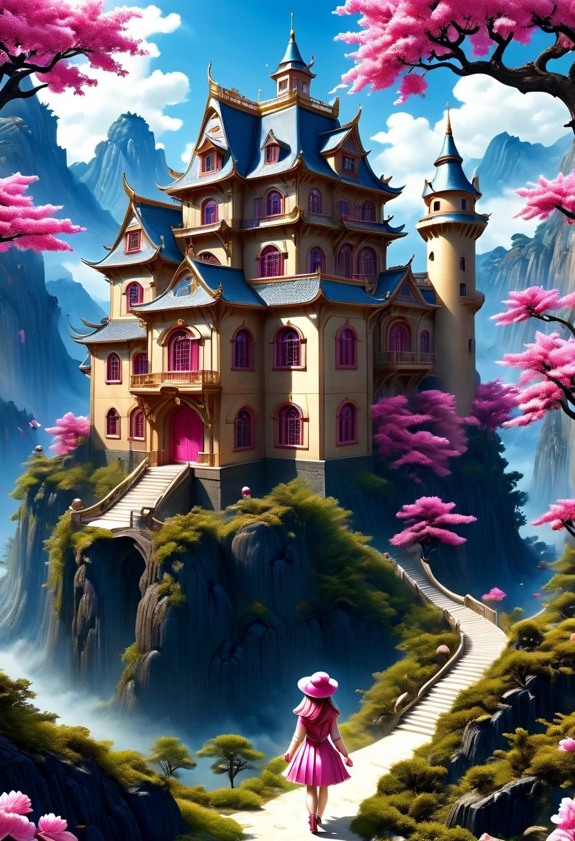 Surreal, Stereogram, Air pressure, Super Detail, Acura, best quality, 超HD, masterpiece, Anatomically correct, 16K, high resolution，Pink Space，1. ***********，Located in the magical castle，Magic Forest Castle，A castle built with blocks，错综complex的奇幻小镇, Search for lost treasure，Geometric space，Unordered regular three-dimensional pattern，There are lots of little doll houses and buildings，Space for the rainbow，fantasy color fantasy treasure hunt fantasy，Mysterious treasure，Sparkling treasure，Great numbers（Control theory）， Art Station， detailed， complex， Mathil， Digital art， HD， 8k， Whimsical fantasy landscape art, Extremely detailed fantasies,Big breasts are beautiful， high quality，electronic 8k