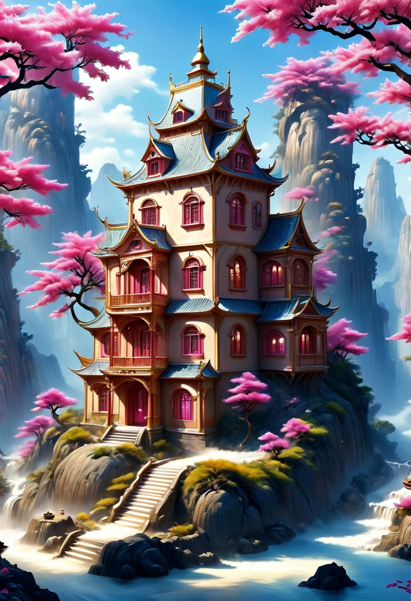 Surreal, Stereogram, Air pressure, Super Detail, Acura, best quality, 超HD, masterpiece, Anatomically correct, 16K, high resolution，Pink Space，1. Little Girl，Located in the magical castle，Magic Forest Castle，A castle built with blocks，错综complex的奇幻小镇, Search for lost treasure，Geometric space，Unordered regular three-dimensional pattern，There are lots of little doll houses and buildings，Space for the rainbow，fantasy color fantasy treasure hunt fantasy，Mysterious treasure，Sparkling treasure，Great numbers（Control theory）， Art Station， detailed， complex， Mathil， Digital art， HD， 8k， Whimsical fantasy landscape art, Extremely detailed fantasies,Big breasts are beautiful， high quality，electronic 8k