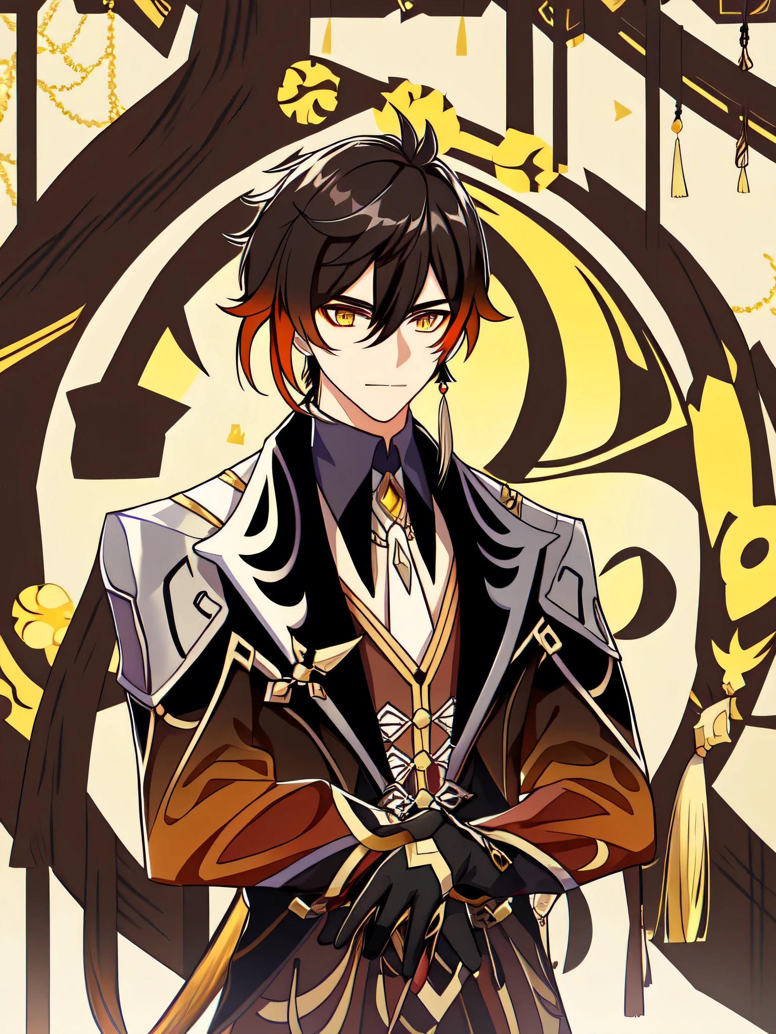 1 boy, One, upper body, front view, view, masterpiece, Best quality, bangs, black gloves, black hair, brown hair, gradient_ hair, collared shirt, earrings, eyebrows visible through hair, formal, gloves, hair between eyes, holding, Chinese_Clothing, jacket, Jewelry, long hair, long sleeve, Men's focus, multicolored hair, ponytail, lone serge, fit, tassel, tassels, yellow eyes, Zhongli\(genshin_impact\)